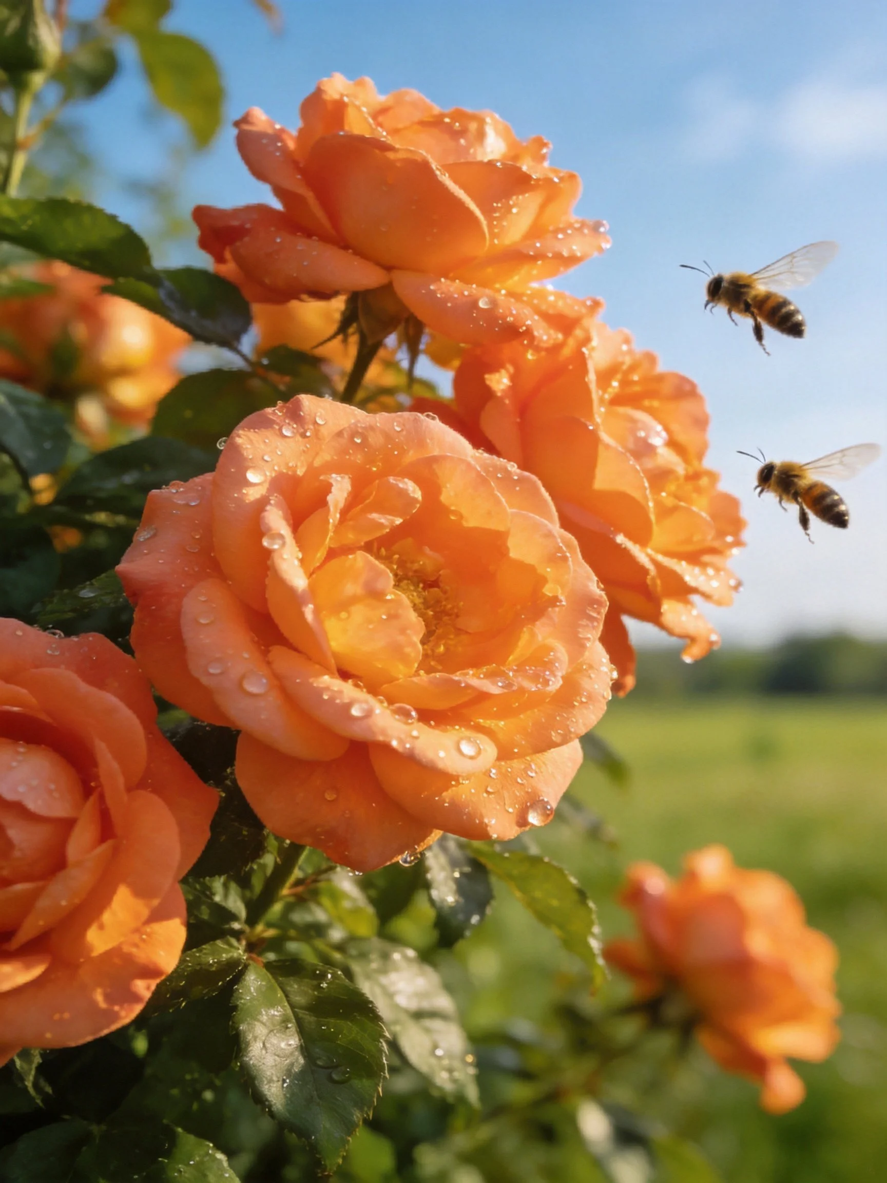 Orange roses with dewdrops, two bees, and a clear sky