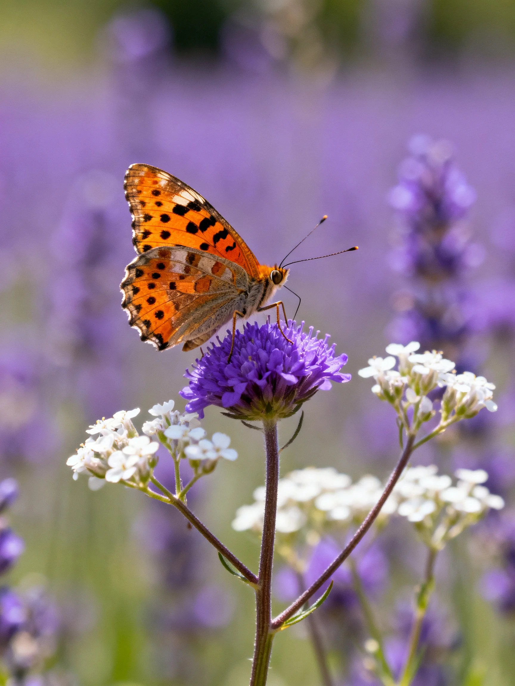 Orange-spotted butterfly perched on a vibrant purple flower