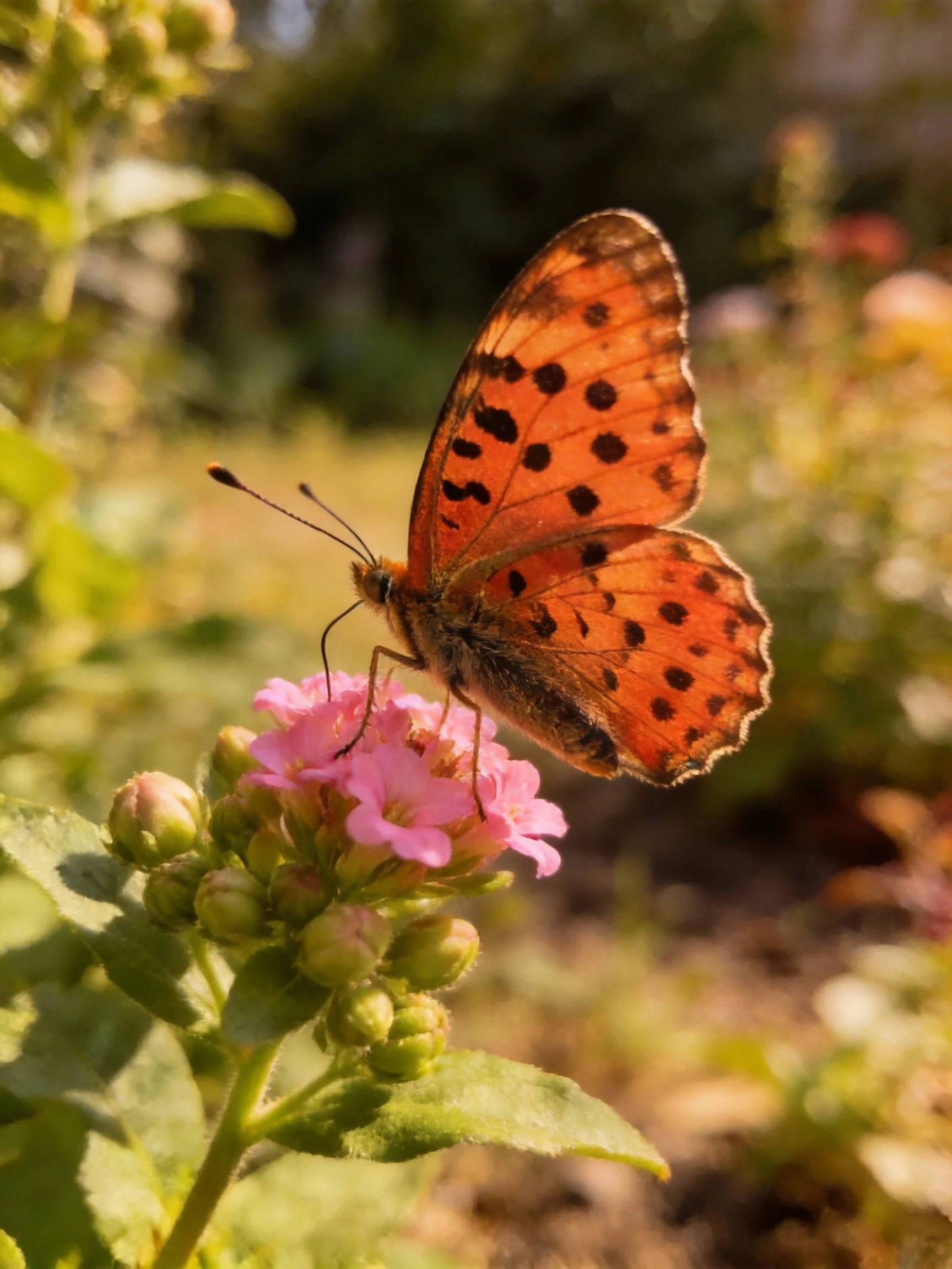 Orange-spotted butterfly perched on pink flowers