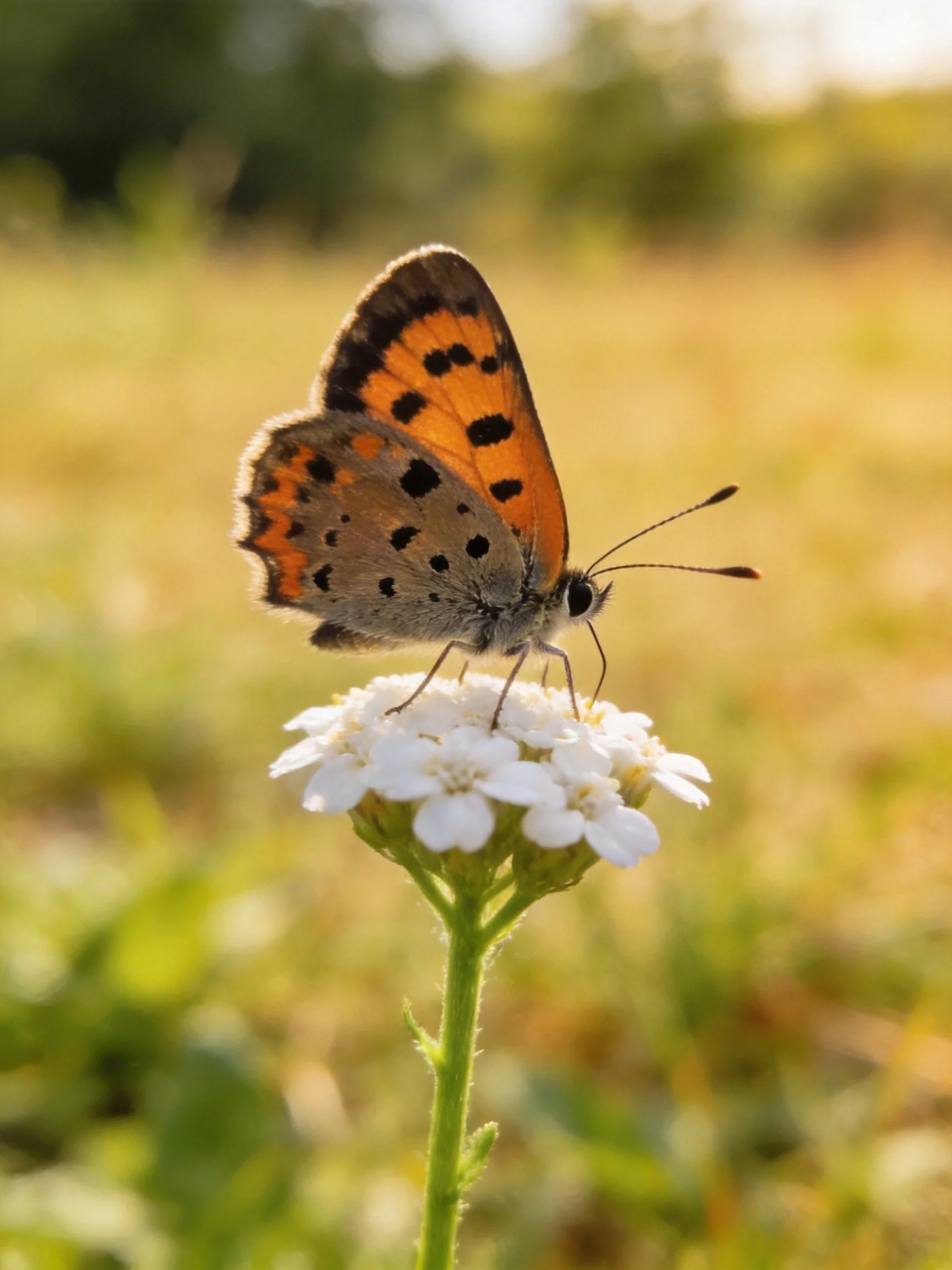 Orange-spotted butterfly perches on small white flowers