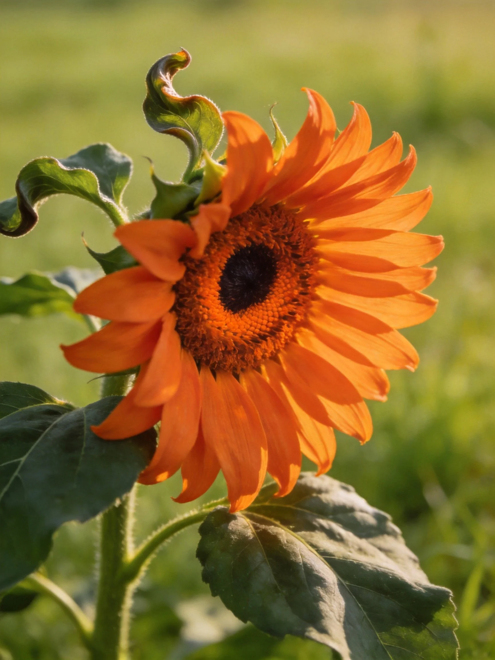 Orange sunflower with green foliage in natural light