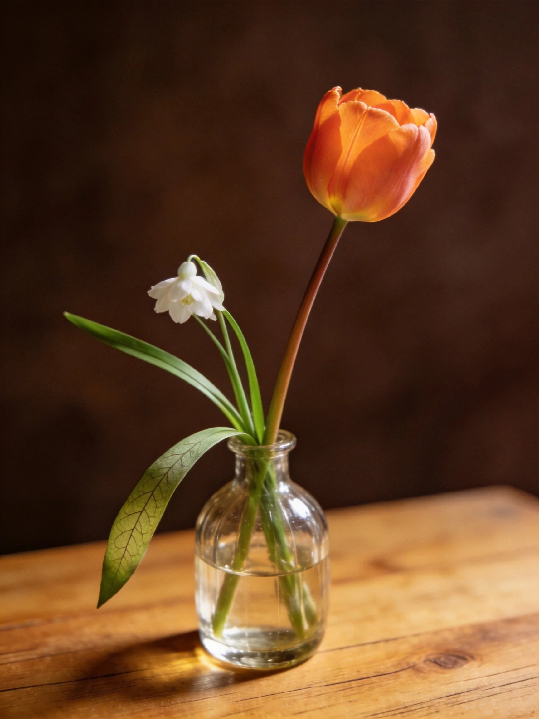 Orange tulip and white flower in small glass vase on wooden table