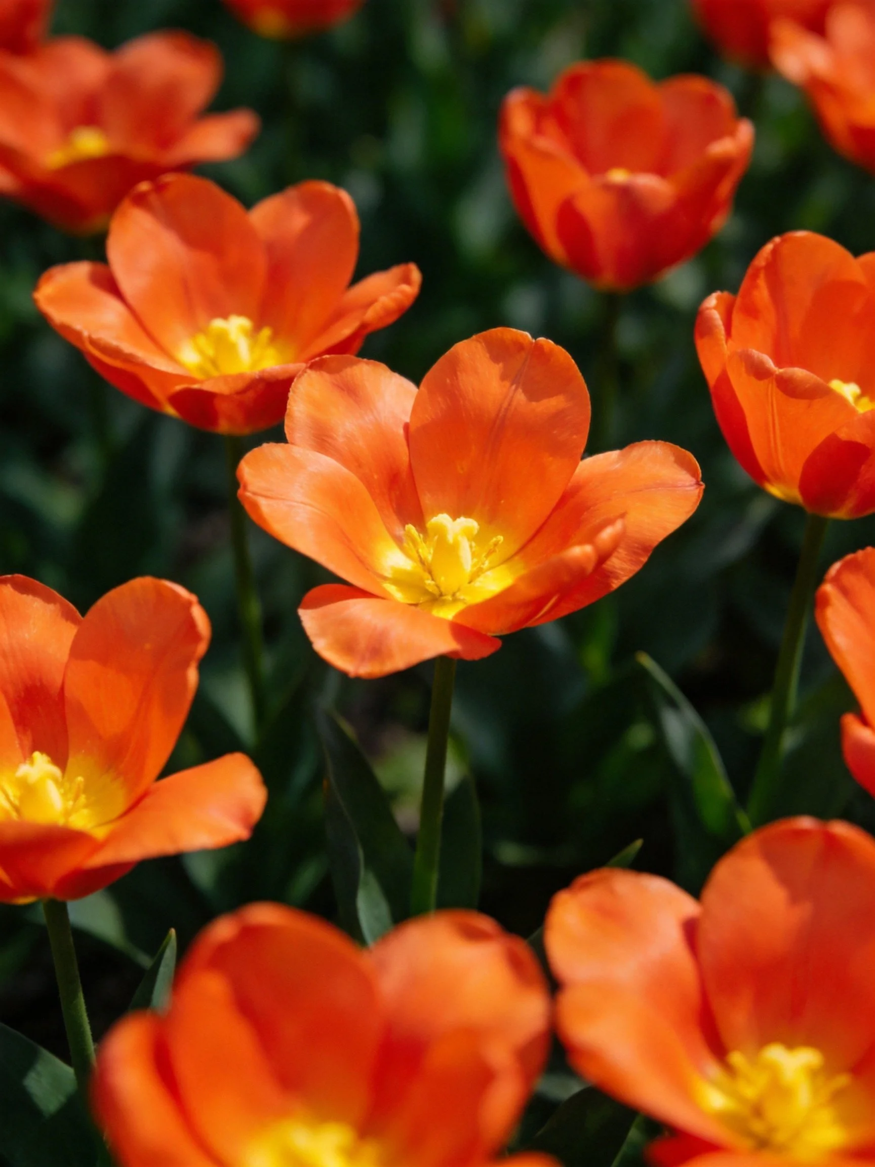 Orange tulip blooms with yellow centers fill a lush garden space