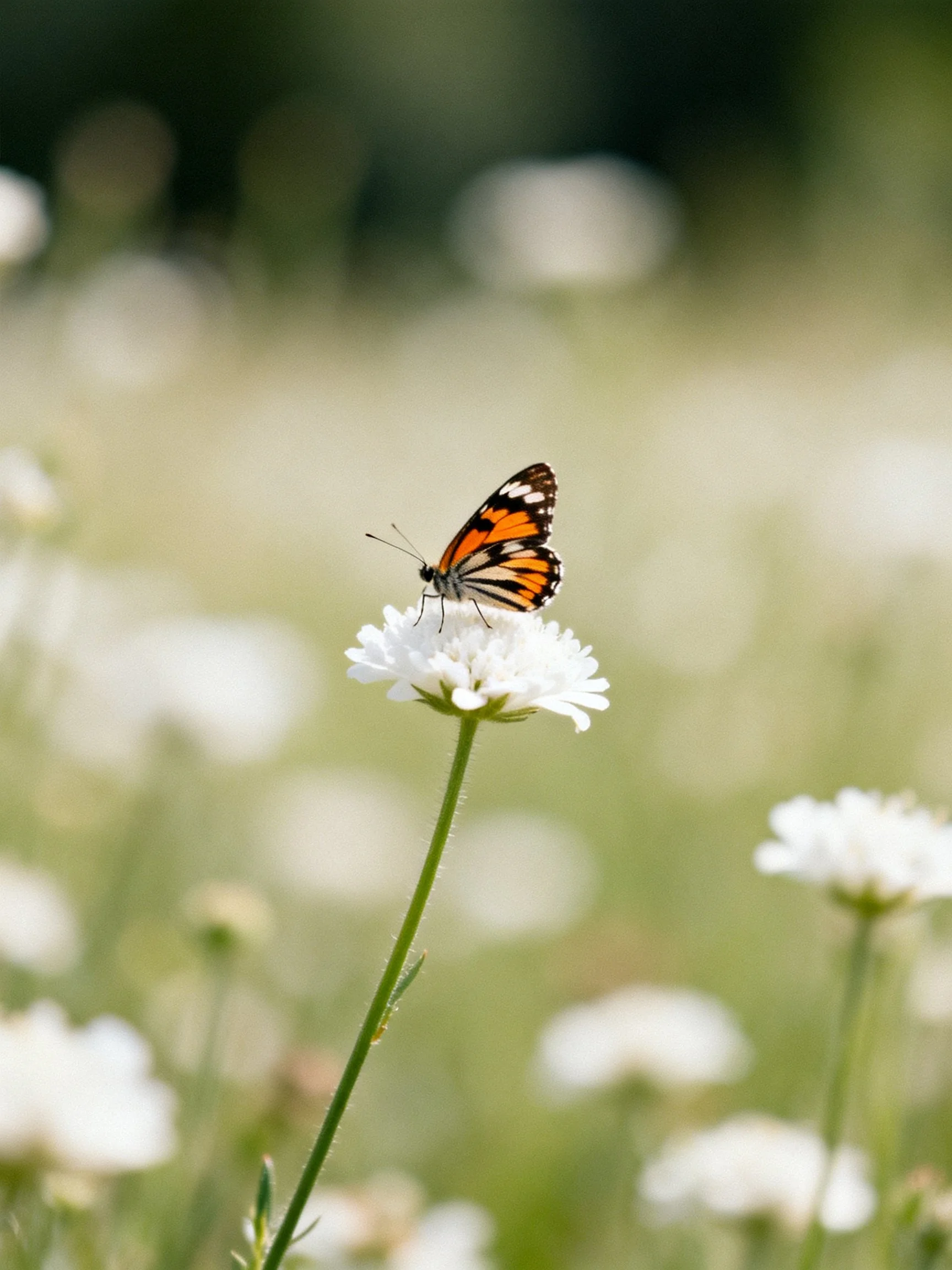 Orange-wing-black butterfly onched on a white flower in a meadow