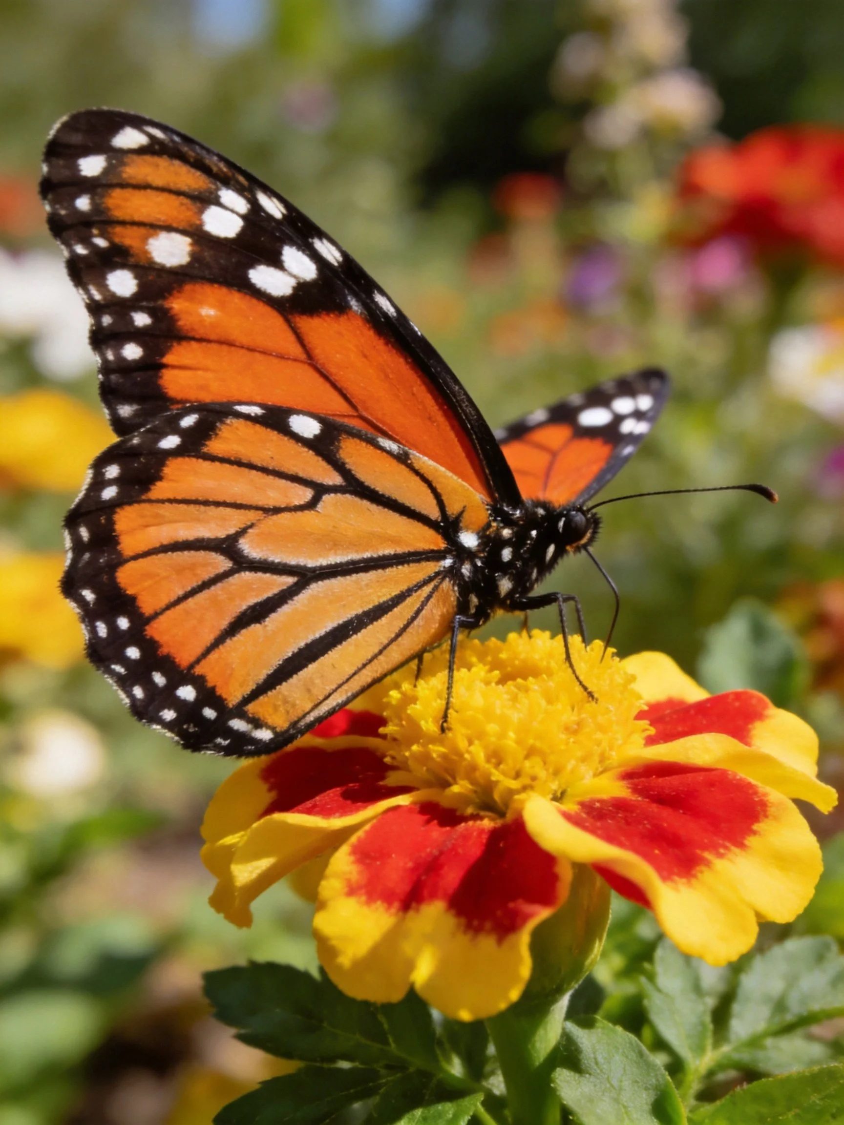 Orange-winged monarch butterfly on a red-yellow flower