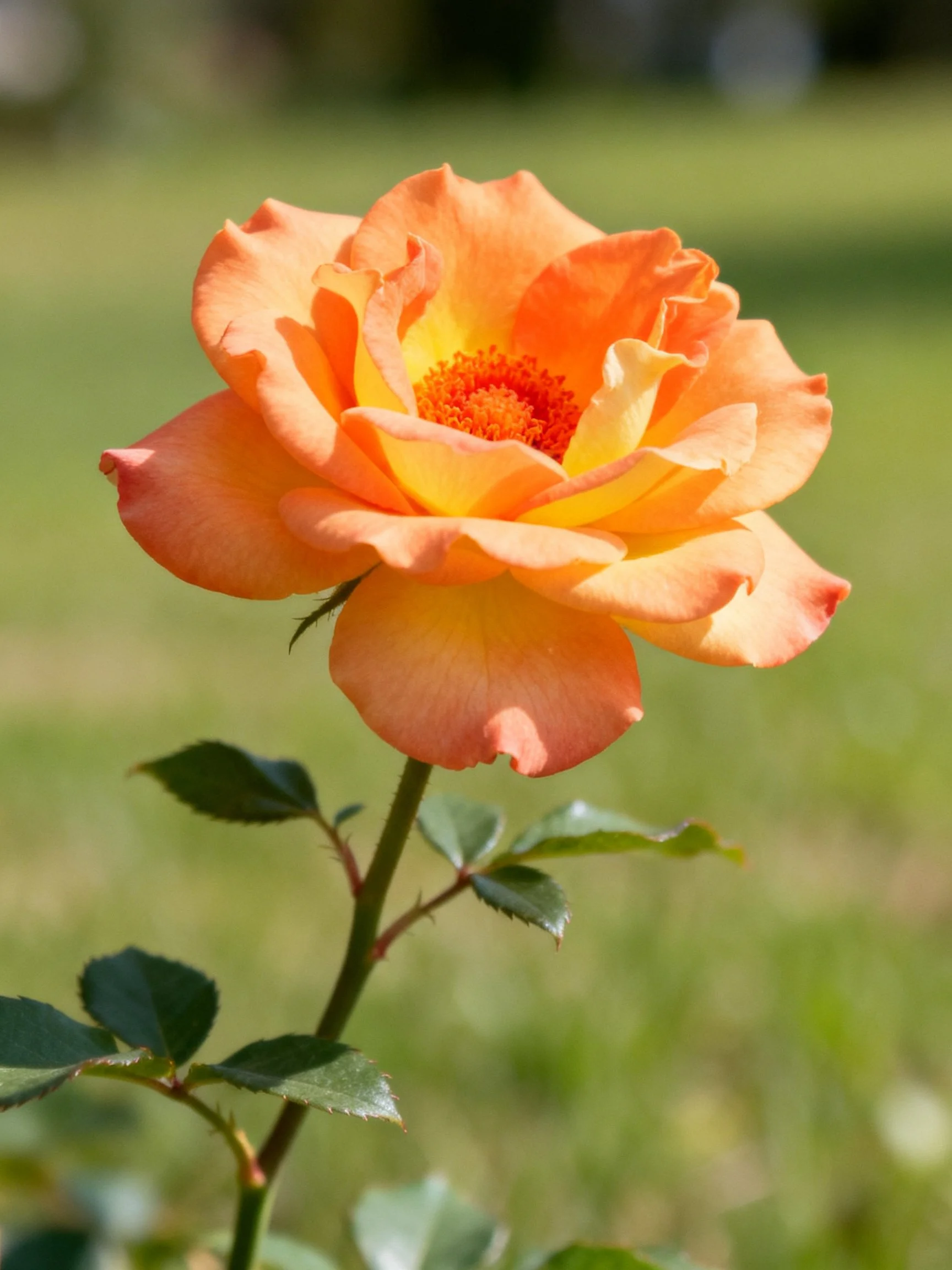 Orange-yellow rose with layered petals and green foliage outdoors