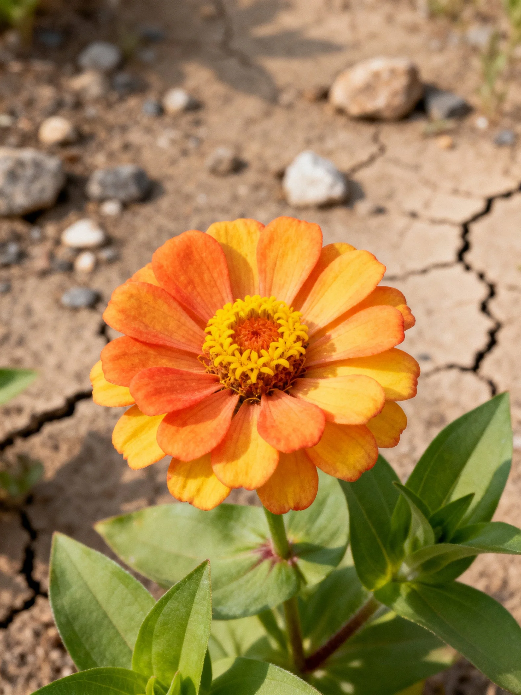 Orange-yellow zinnia blooms near cracked, rocky earth