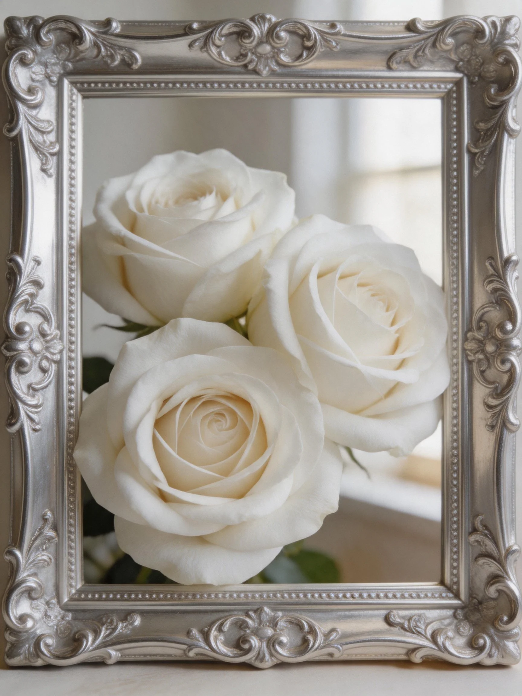 Ornate silver frame holding three white roses