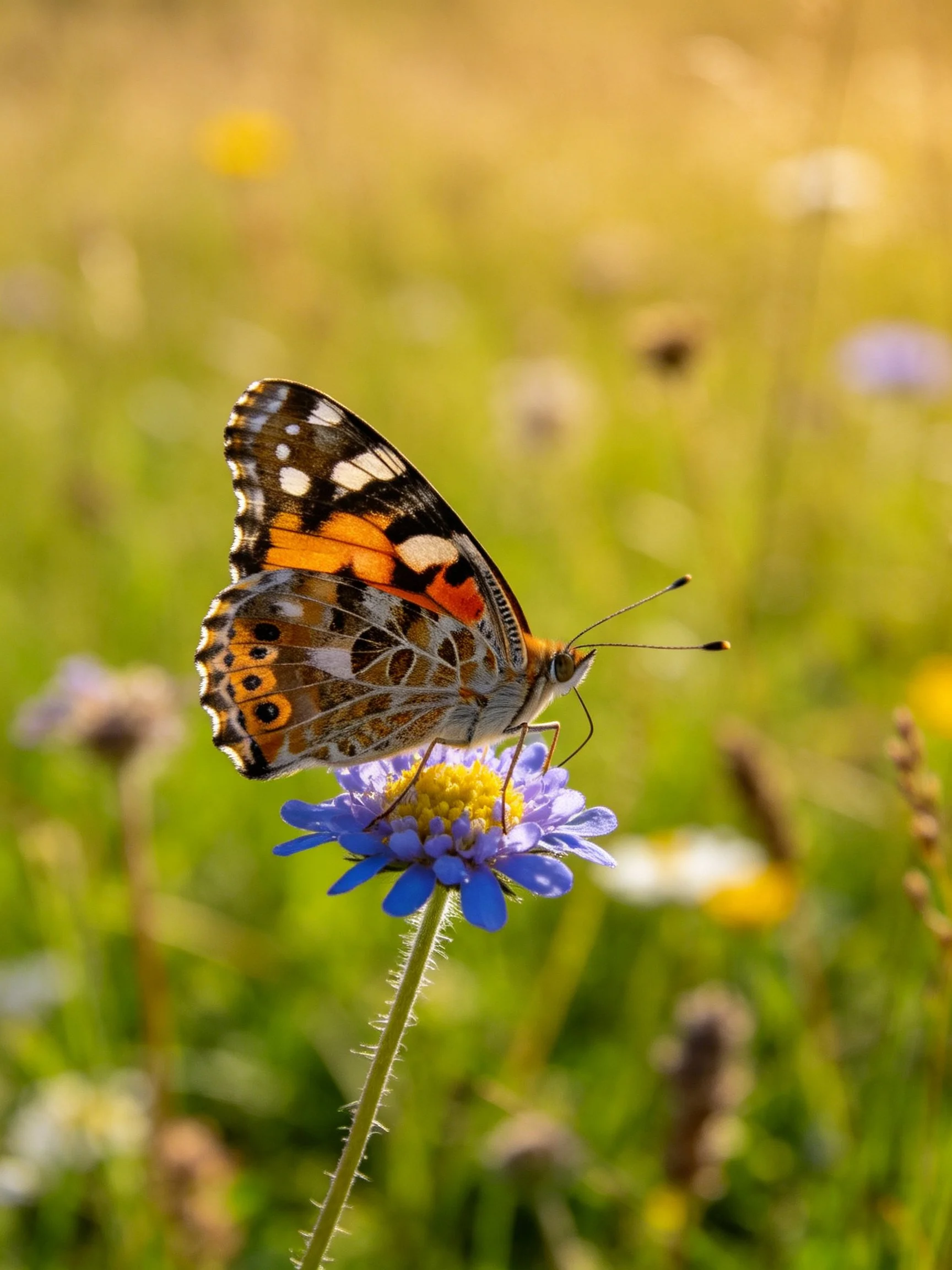 Painted lady butterfly on blue wildflower in sunlit meadow