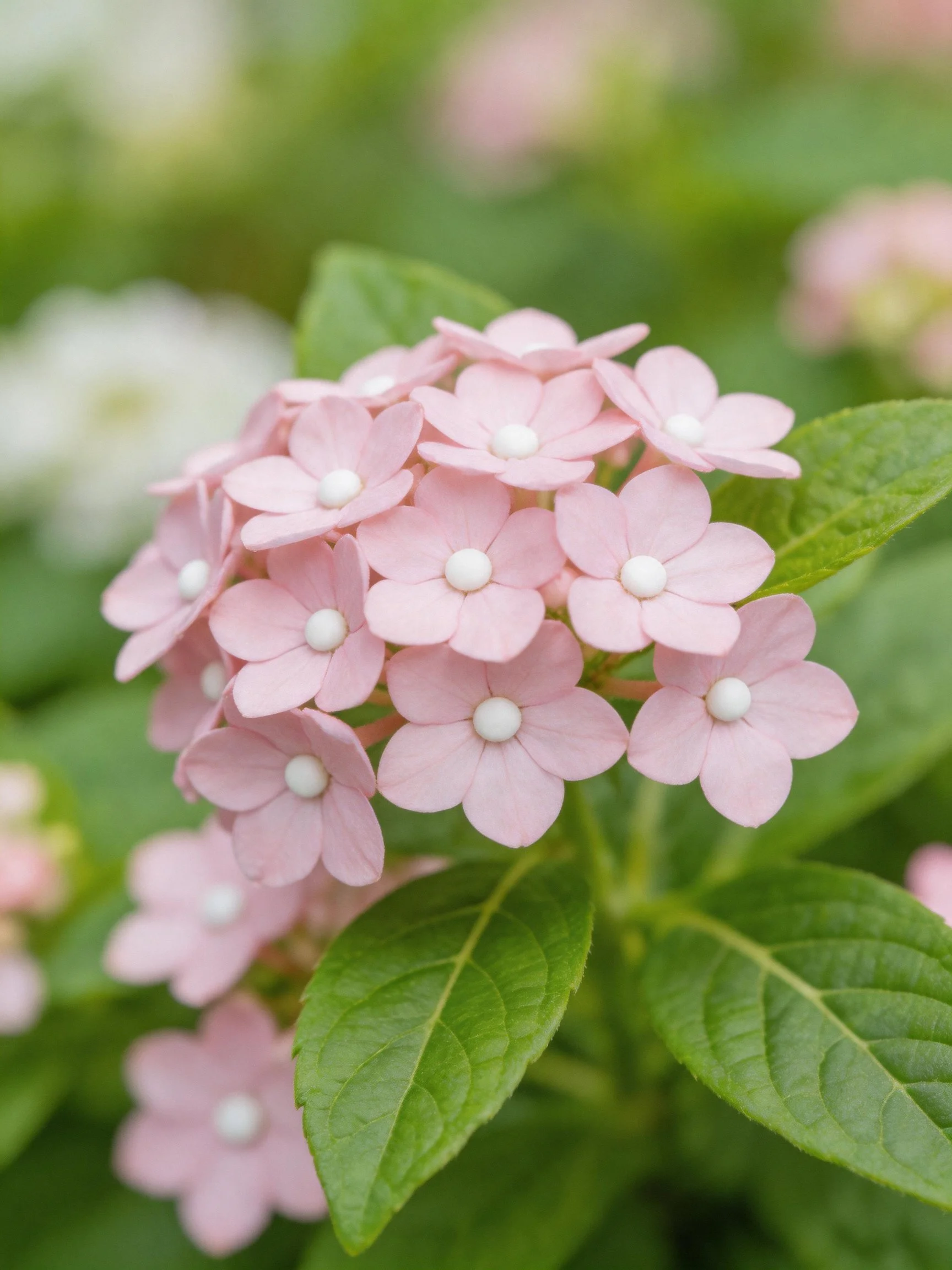 Pale pink hydrangea cluster with white centers and green leaves