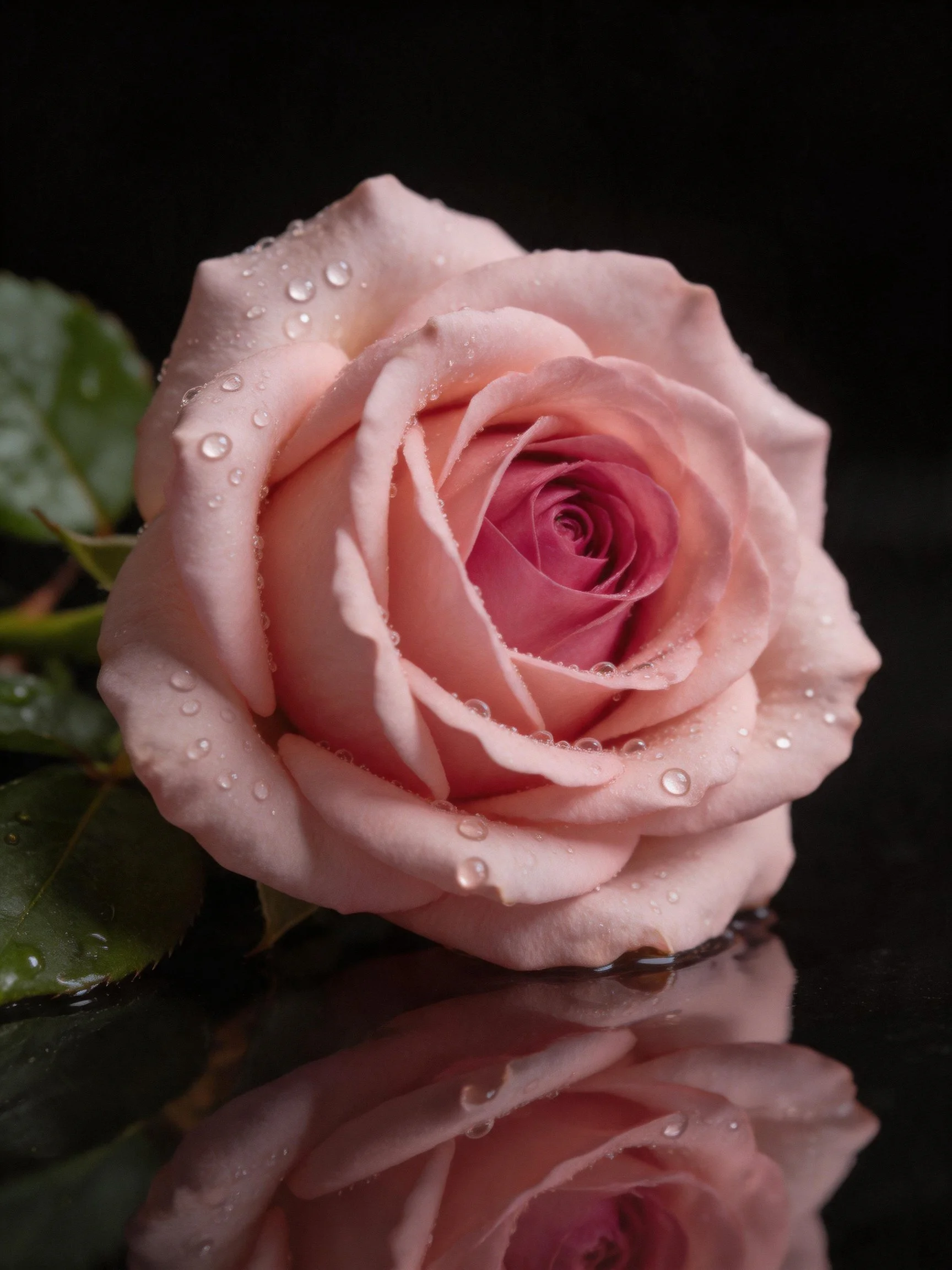 Pale pink rose with dew drops and leaf reflection