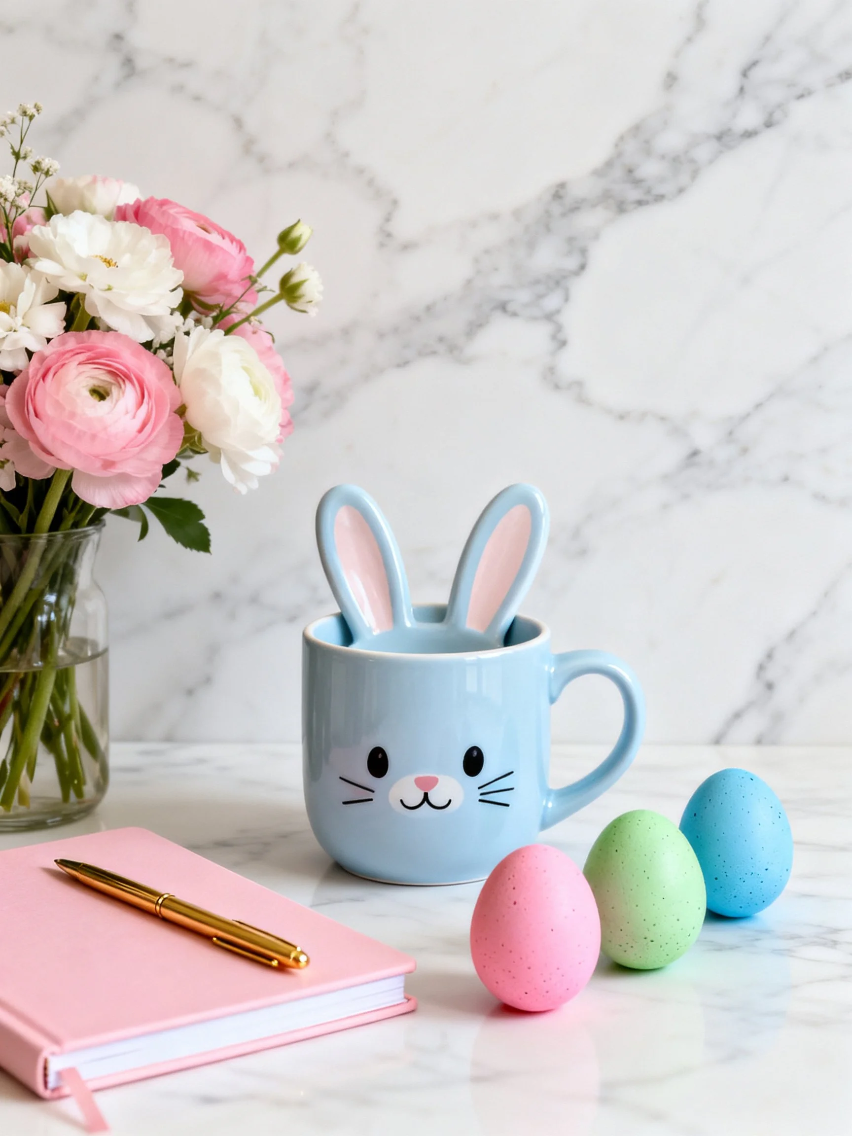Pastel Easter setup with a bunny mug, flowers, and speckled eggs