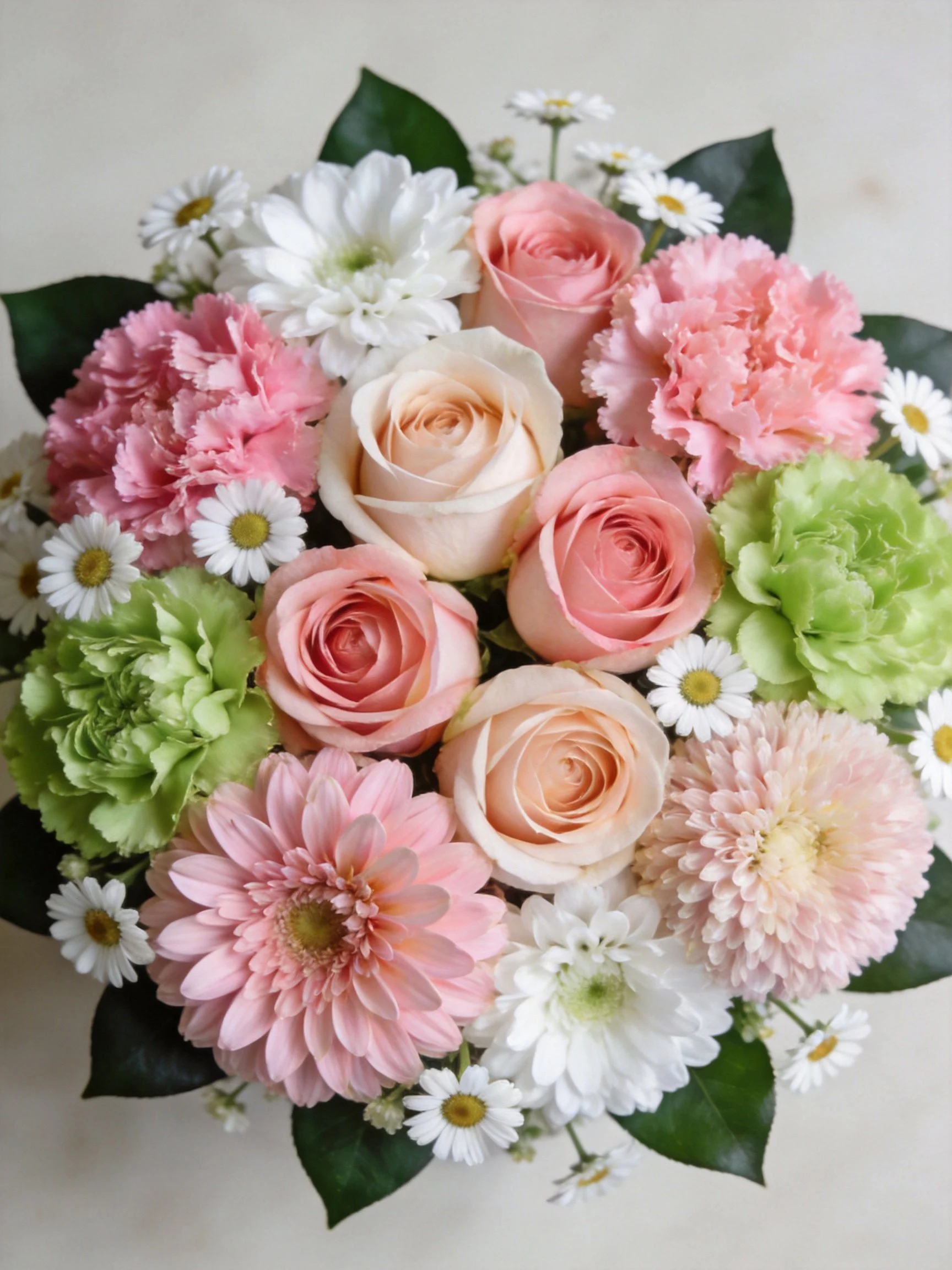 Pastel-colored mixed flower bouquet with roses, carnations, daisies
