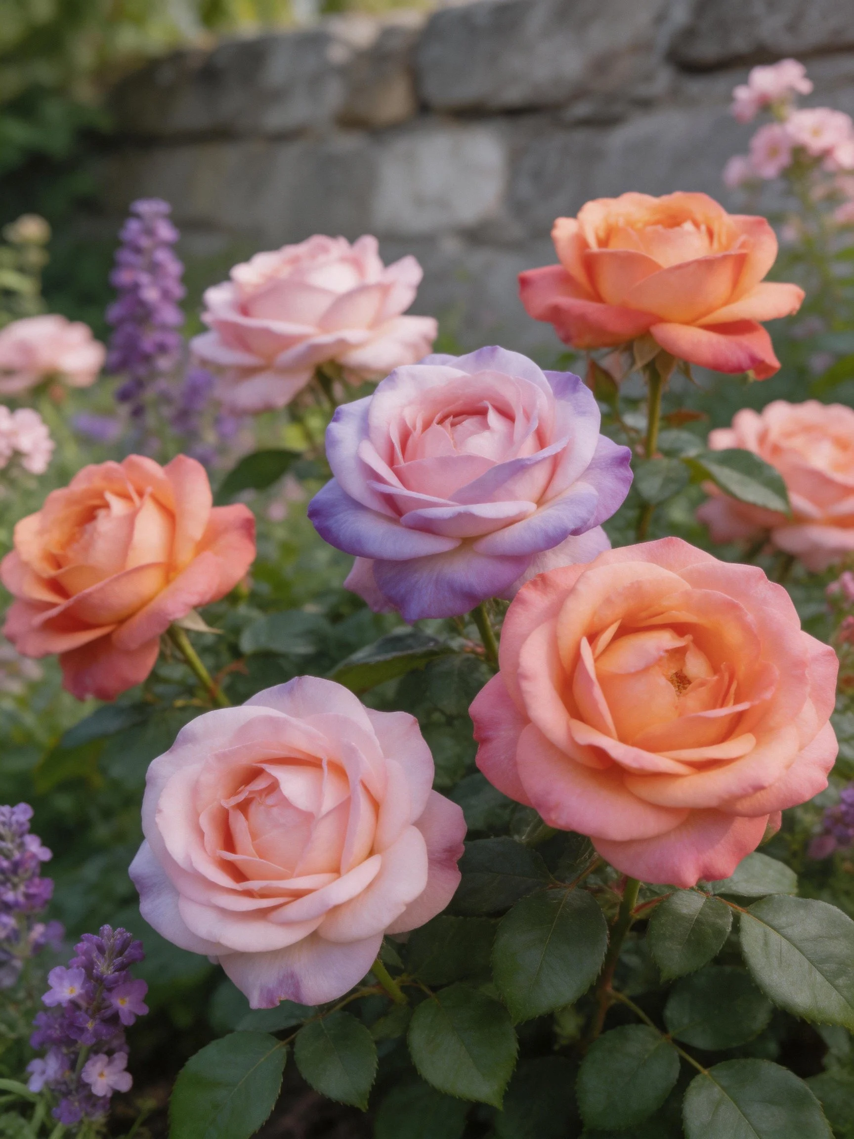 Pastel-colored roses cluster amid greenery by stone wall
