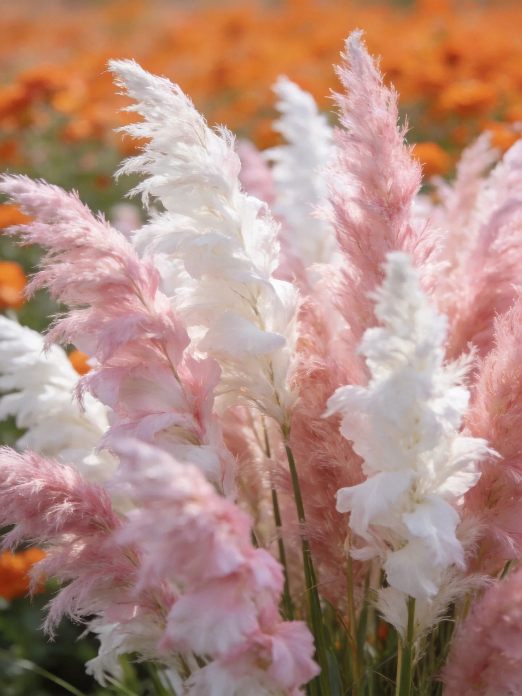 Pastel-hued pampas grasses amid orange flower field