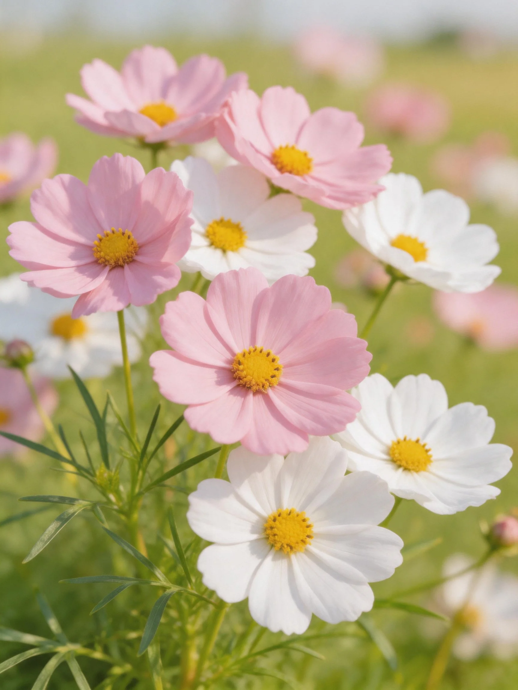 Pastel pink and white cosmos flowers blooming in a sunlit meadow