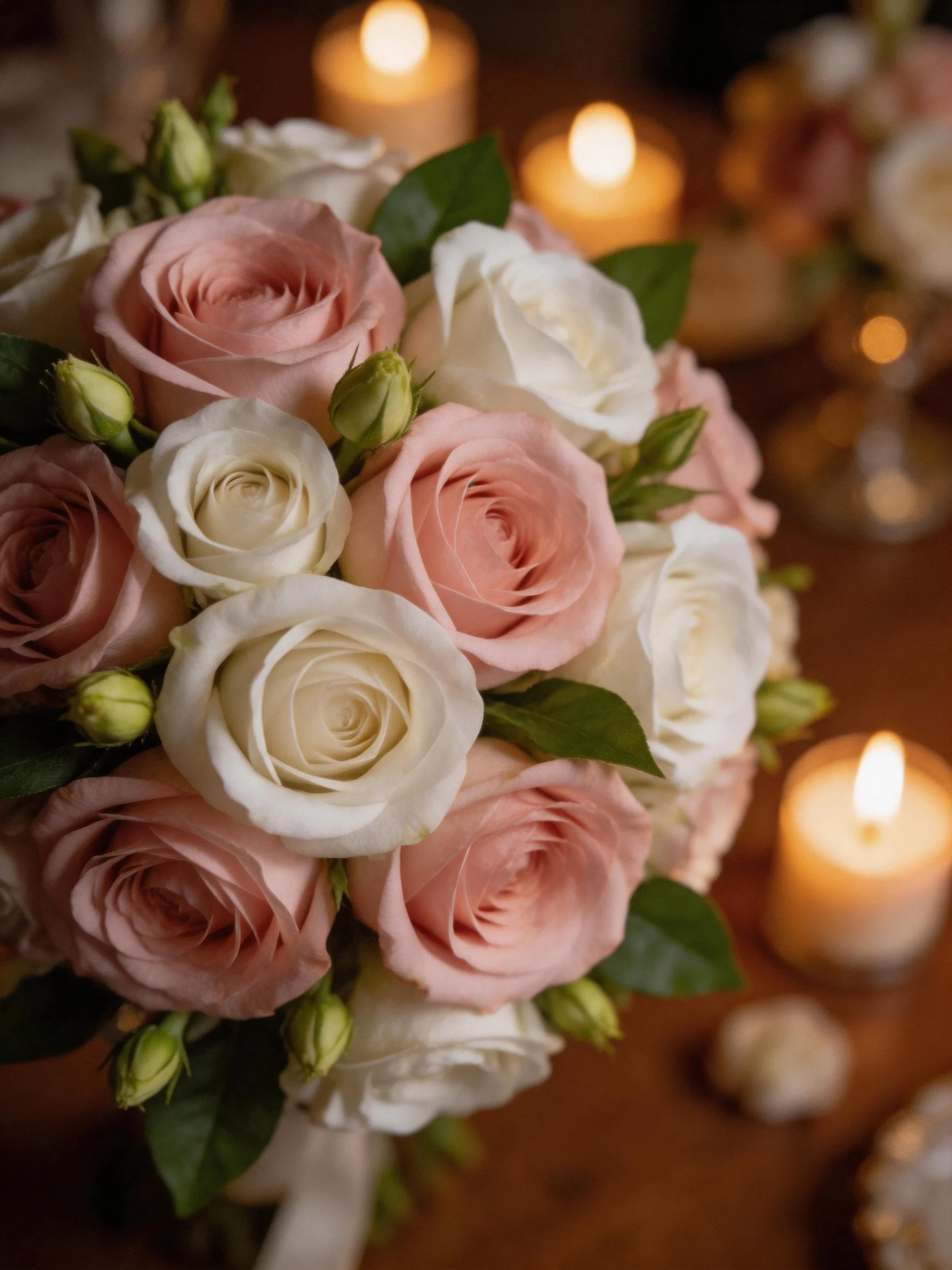 Pastel pink and white rose bouquet near glowing candles