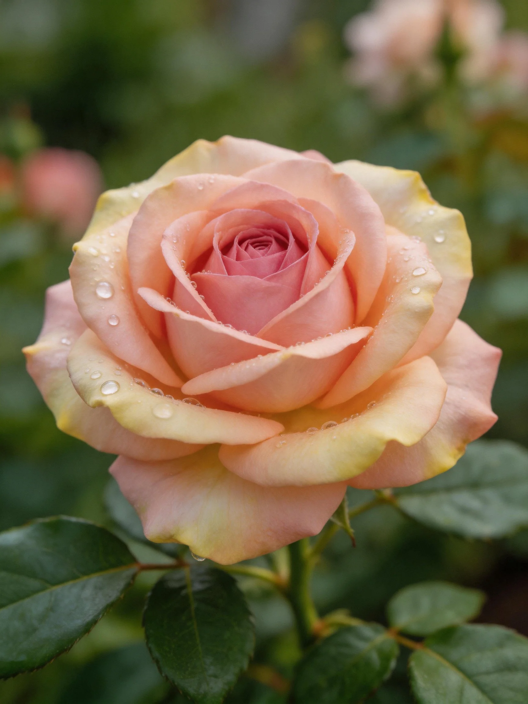 Pastel pink and yellow rose with water droplets on petals