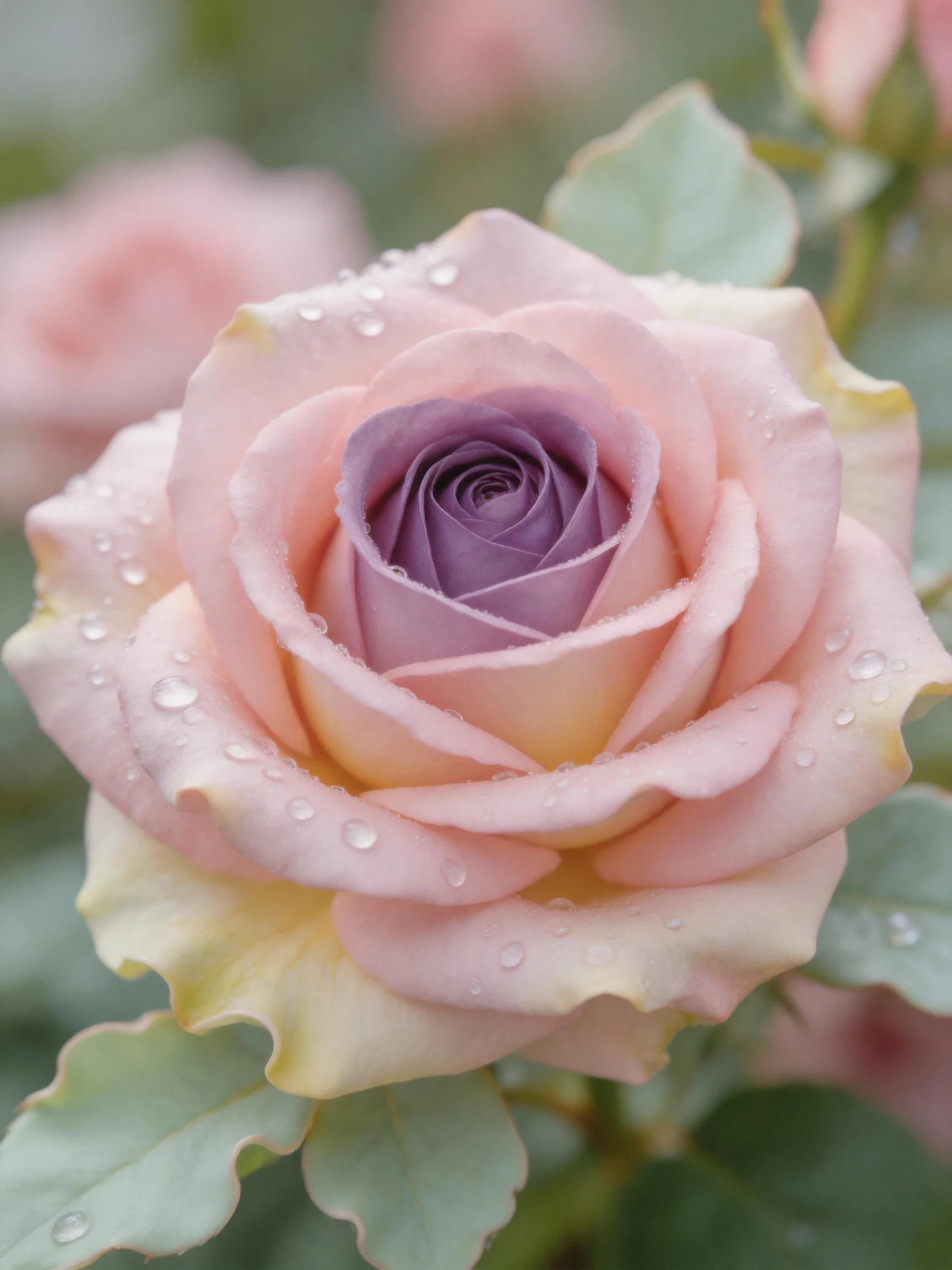 Pastel pink rose with purple center, water droplets, green leaves