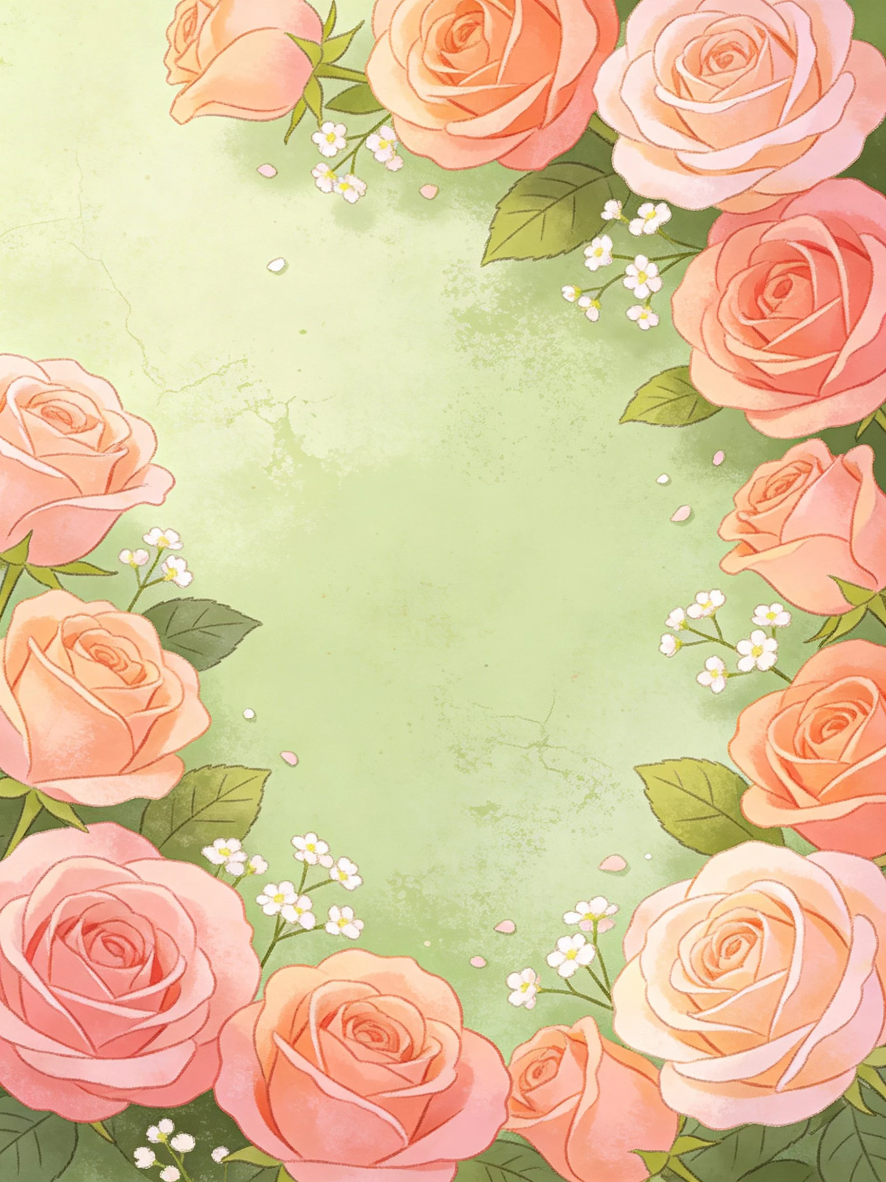 Pastel pink roses and small white flowers border a soft green textured backdrop