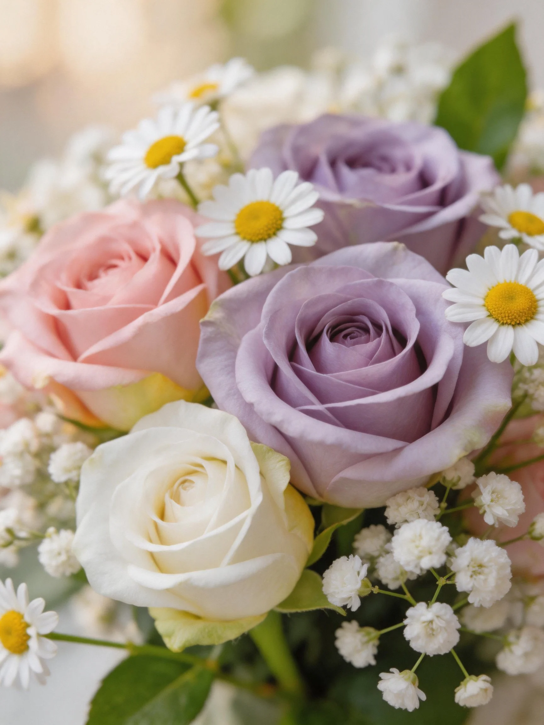 Pastel roses and daisies bouquet with baby’s breath