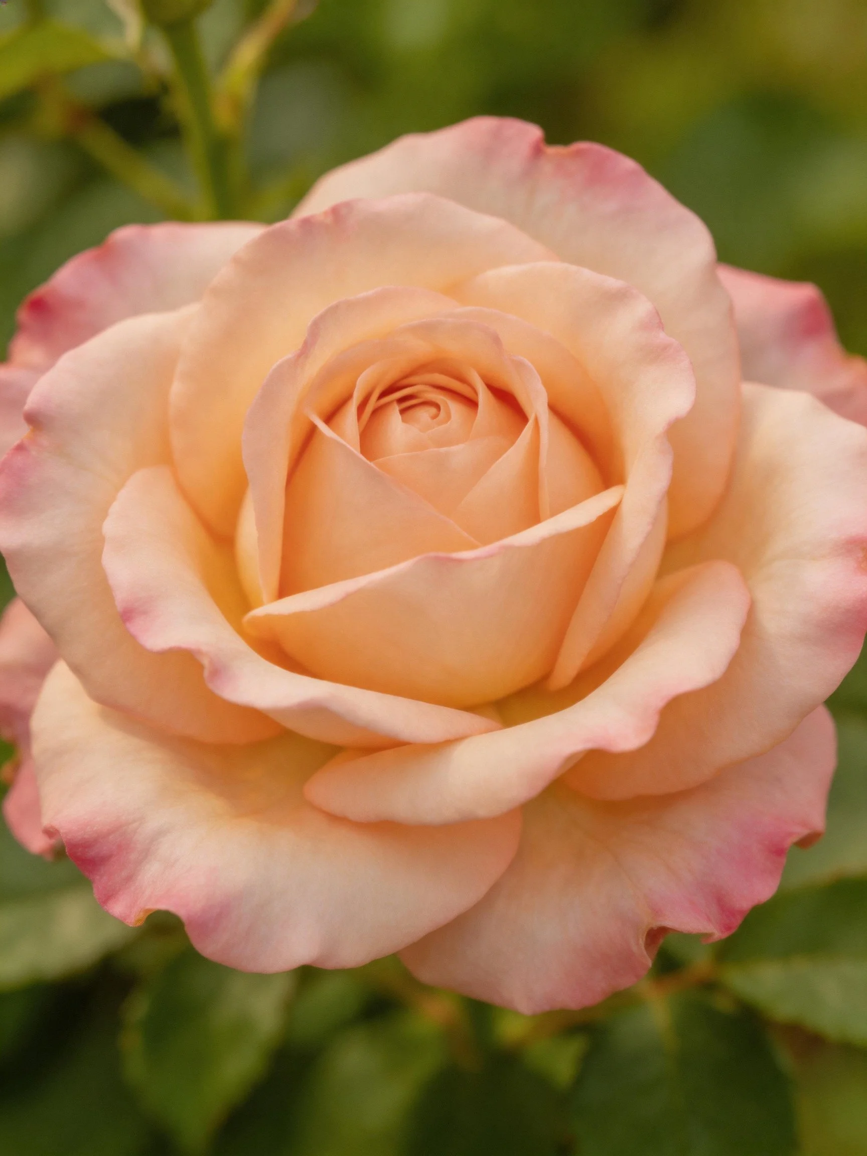 Peach-pink rose with layered petals, green foliage in background.