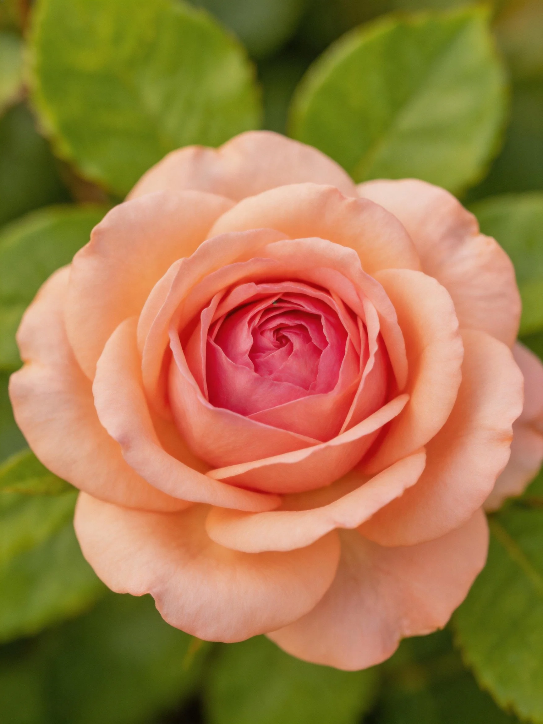 Peach-toned rose with layered petals and green foliage