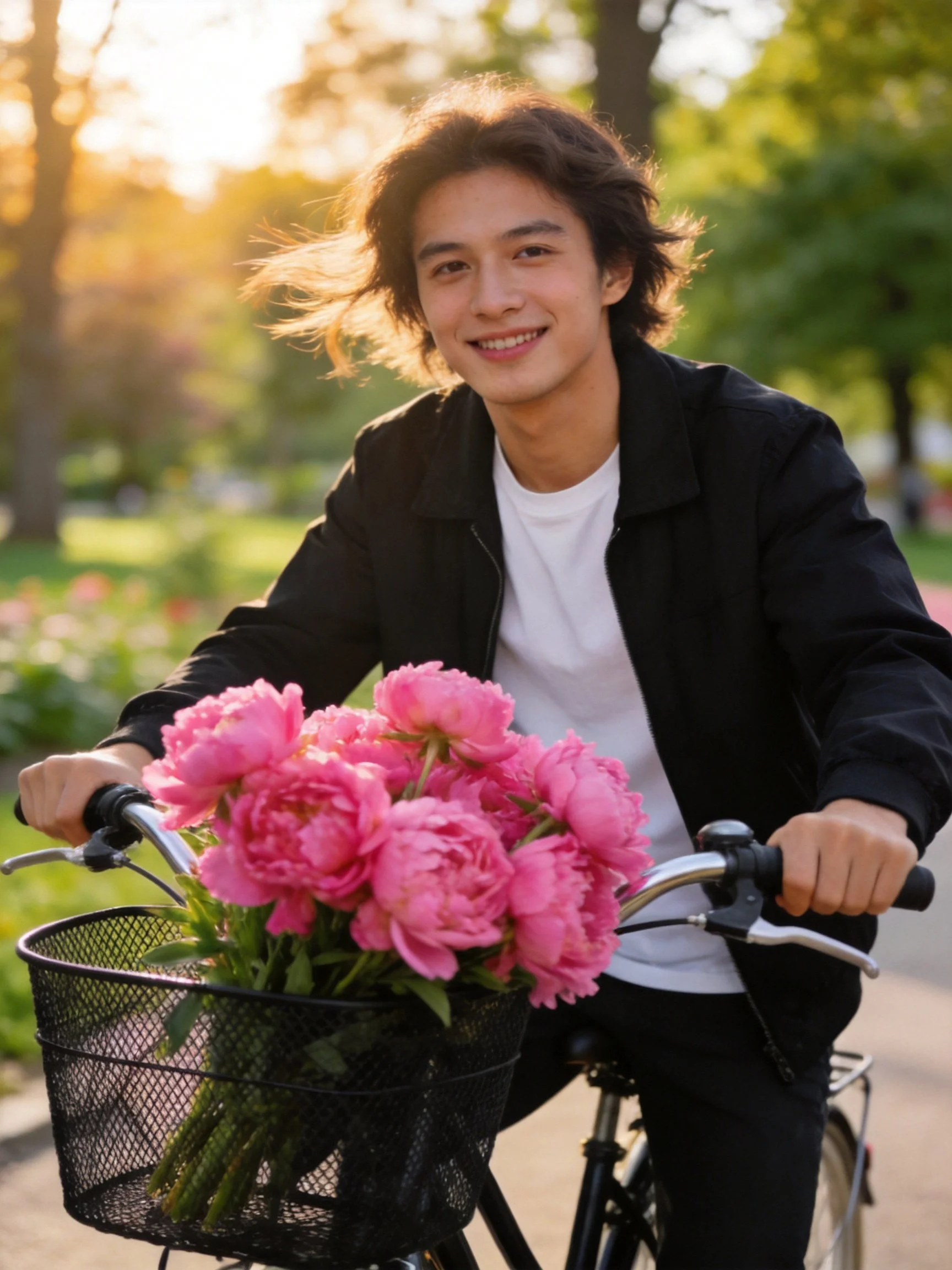 Person rides bicycle with vibrant pink flower bouquet