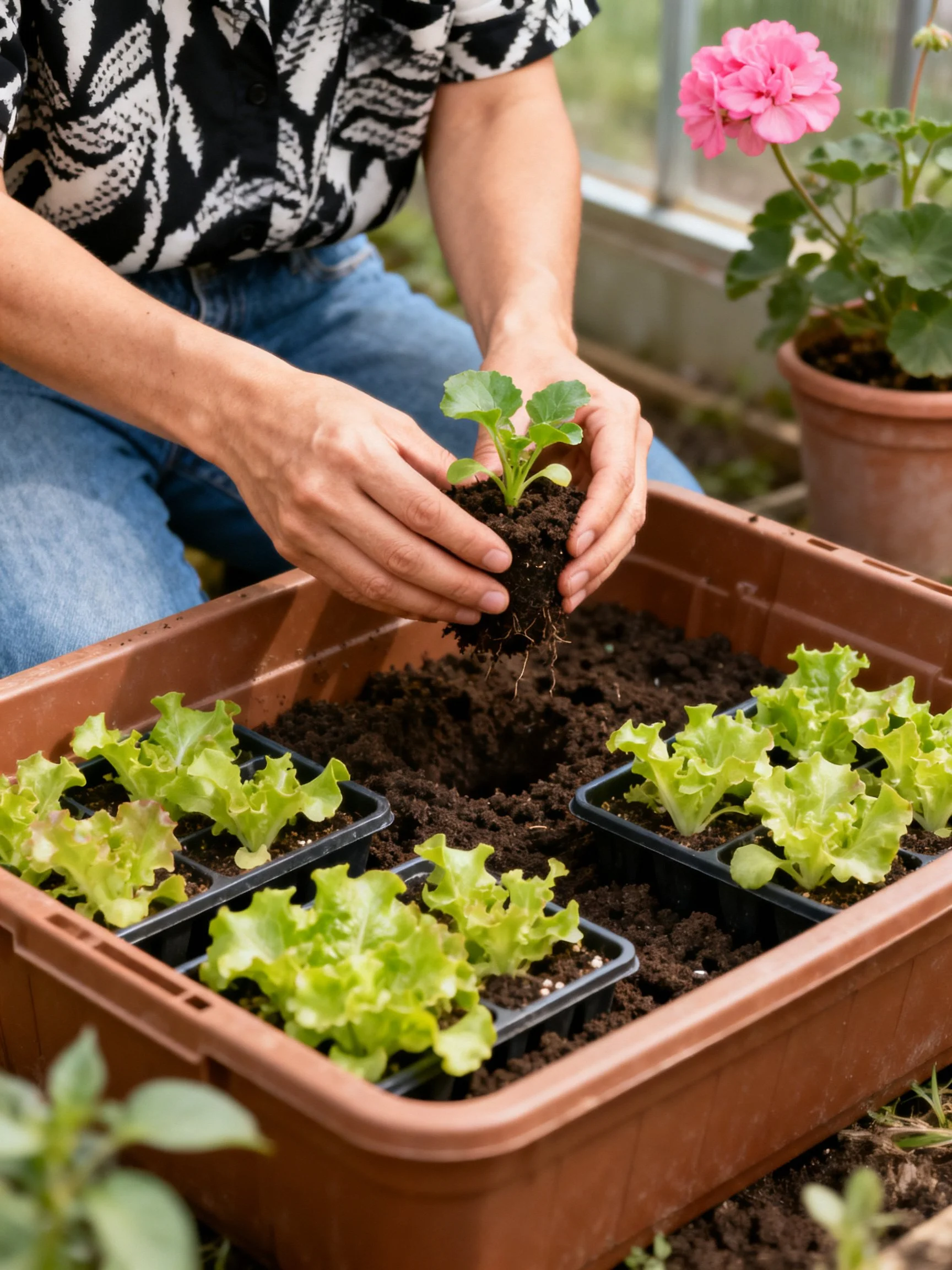 Person transplanting seedlings into soil tray with leafy greens
