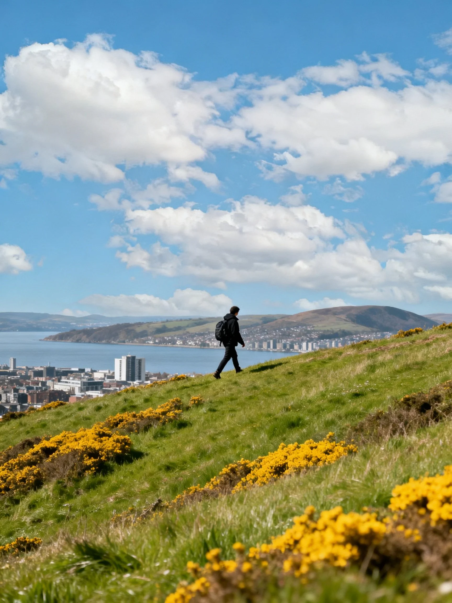 Person walking on a grassy hillside with yellow flowers, overlooking a coastal town and bay