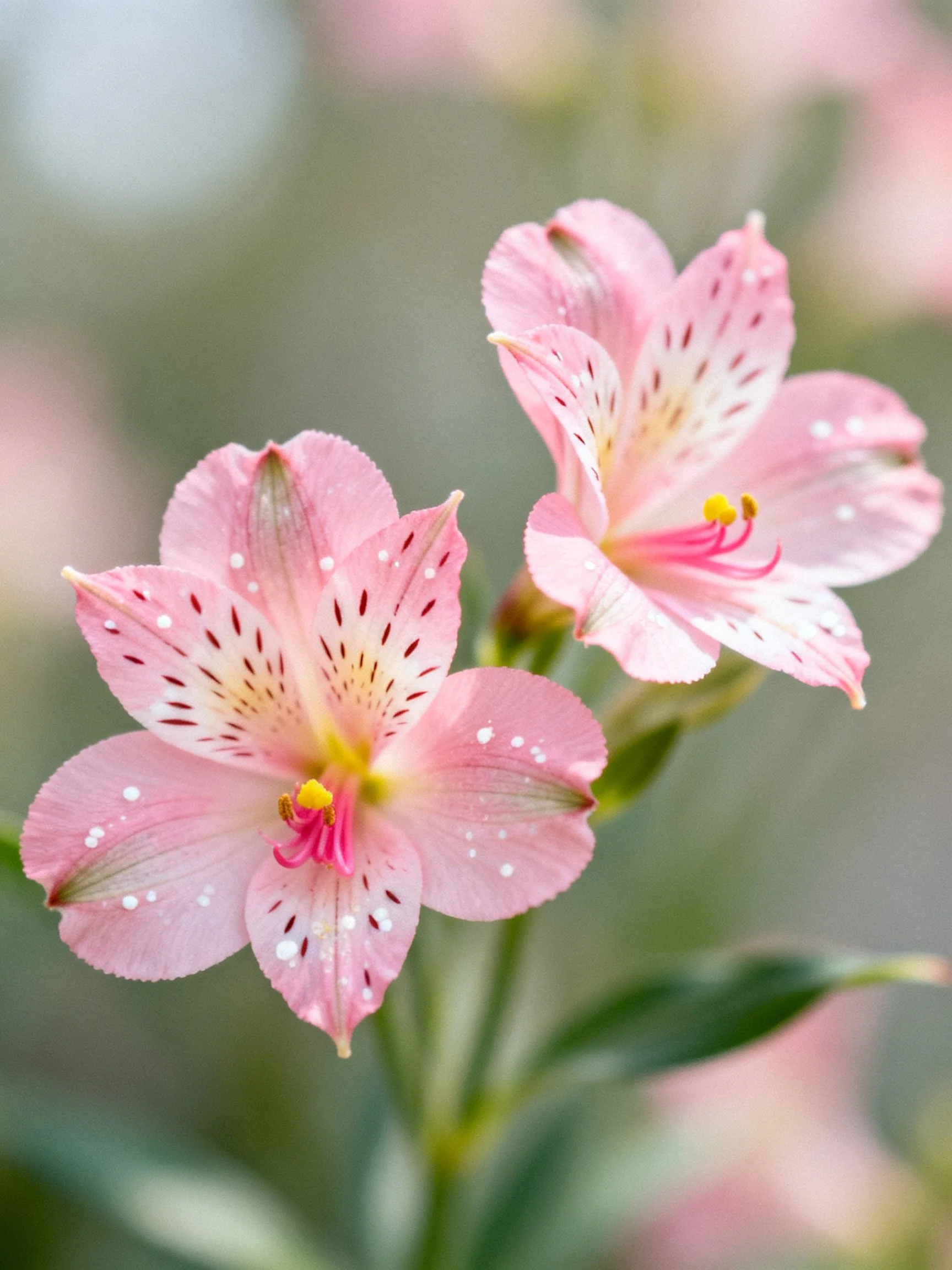 Pink Alstroemeria flowers with speckled petals and droplets