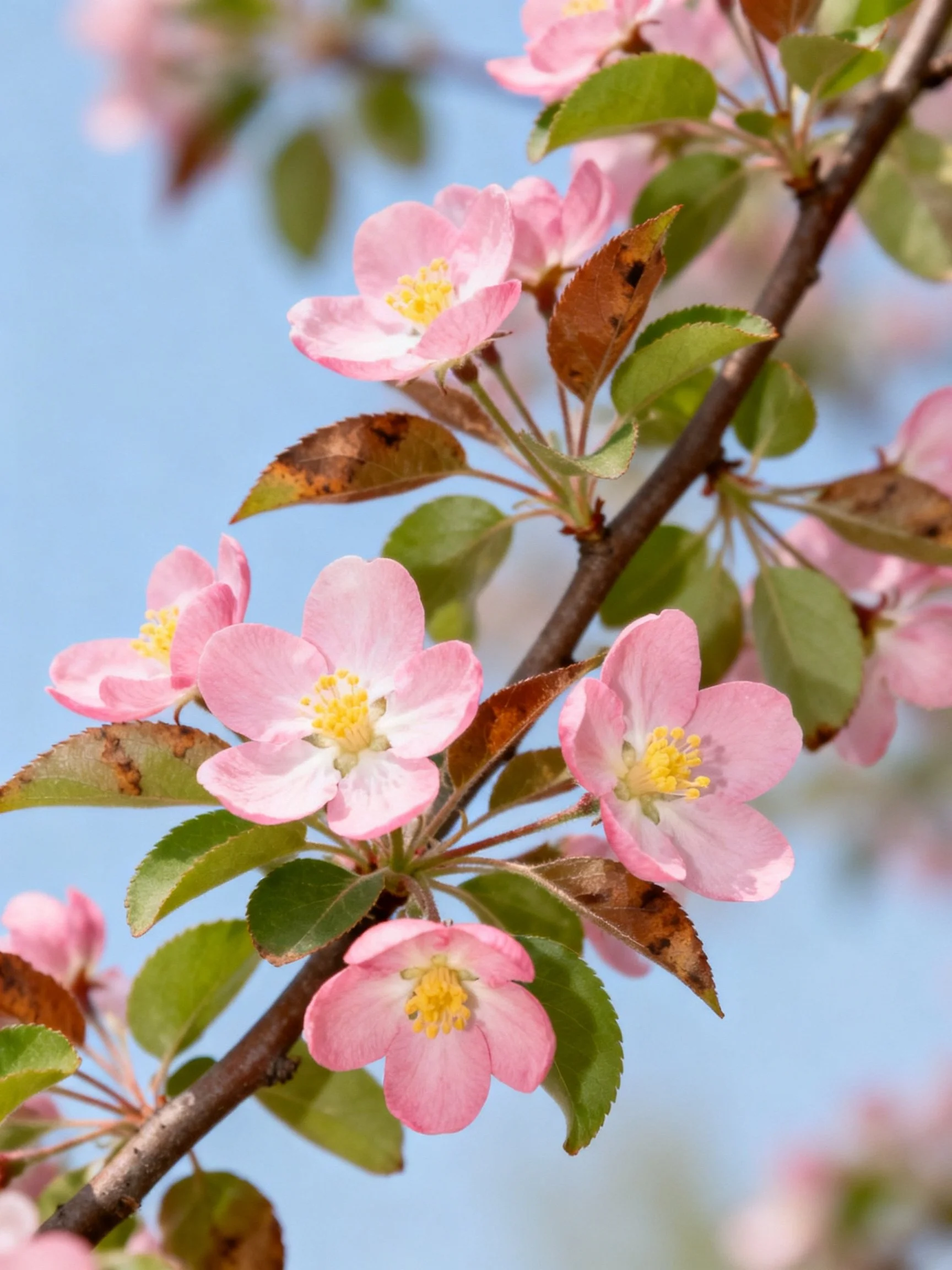 Pink Apple Blossoms on Branch with Green and Brown Leaves