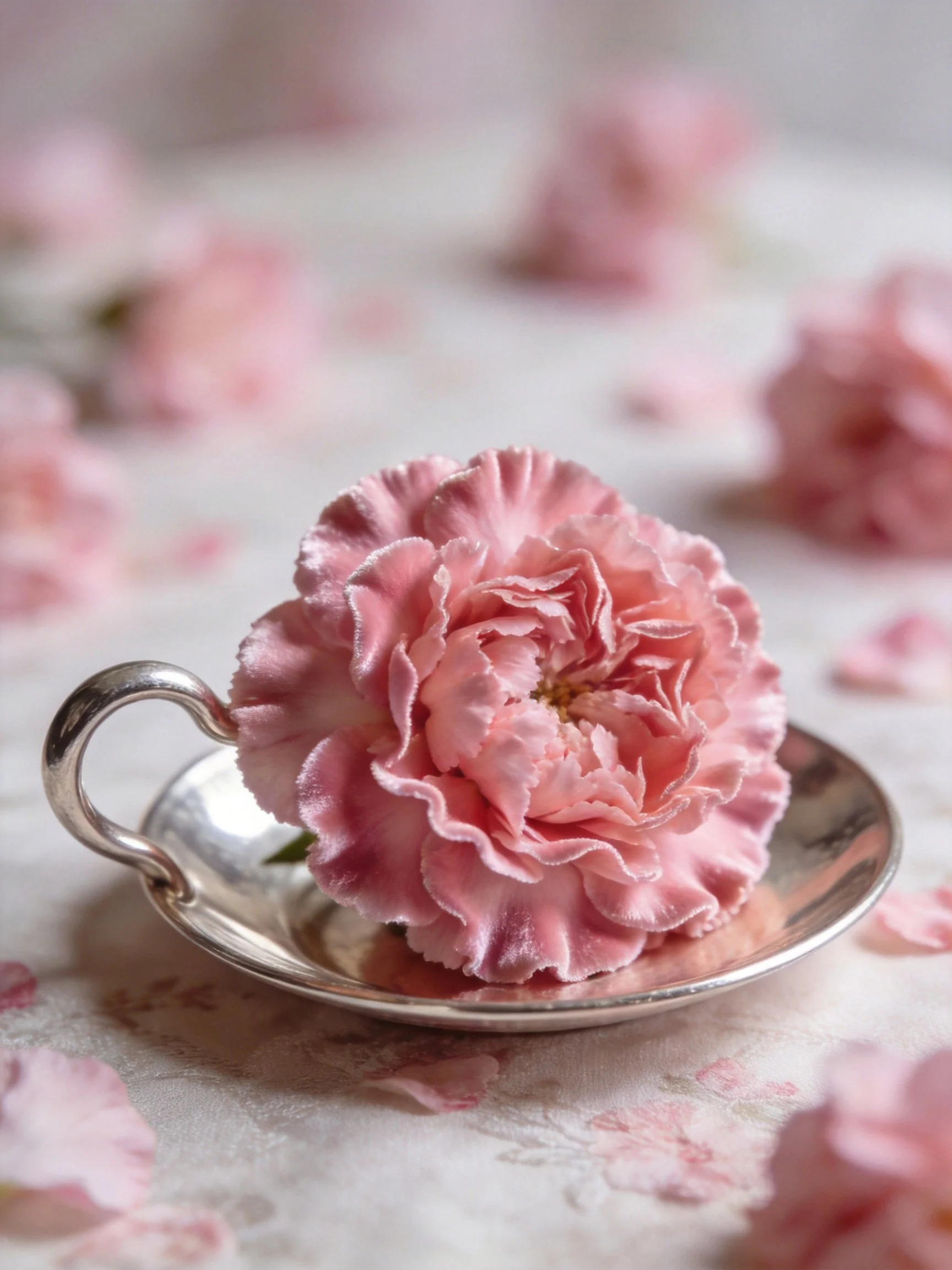 Pink Carnations Arranged in a Silver Dish with Soft Background