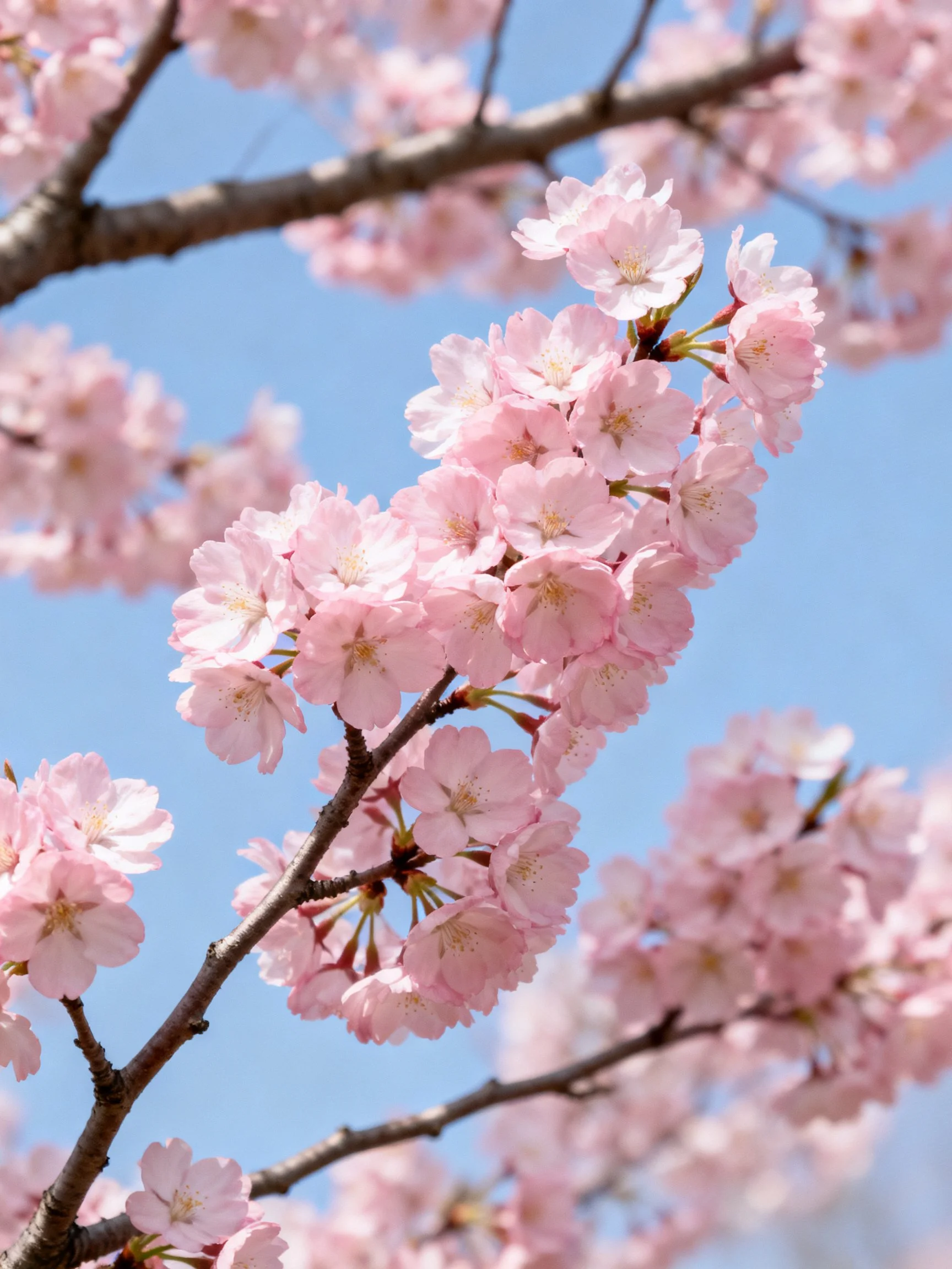 Pink Cherry Blossom Branches Against Clear Blue Sky