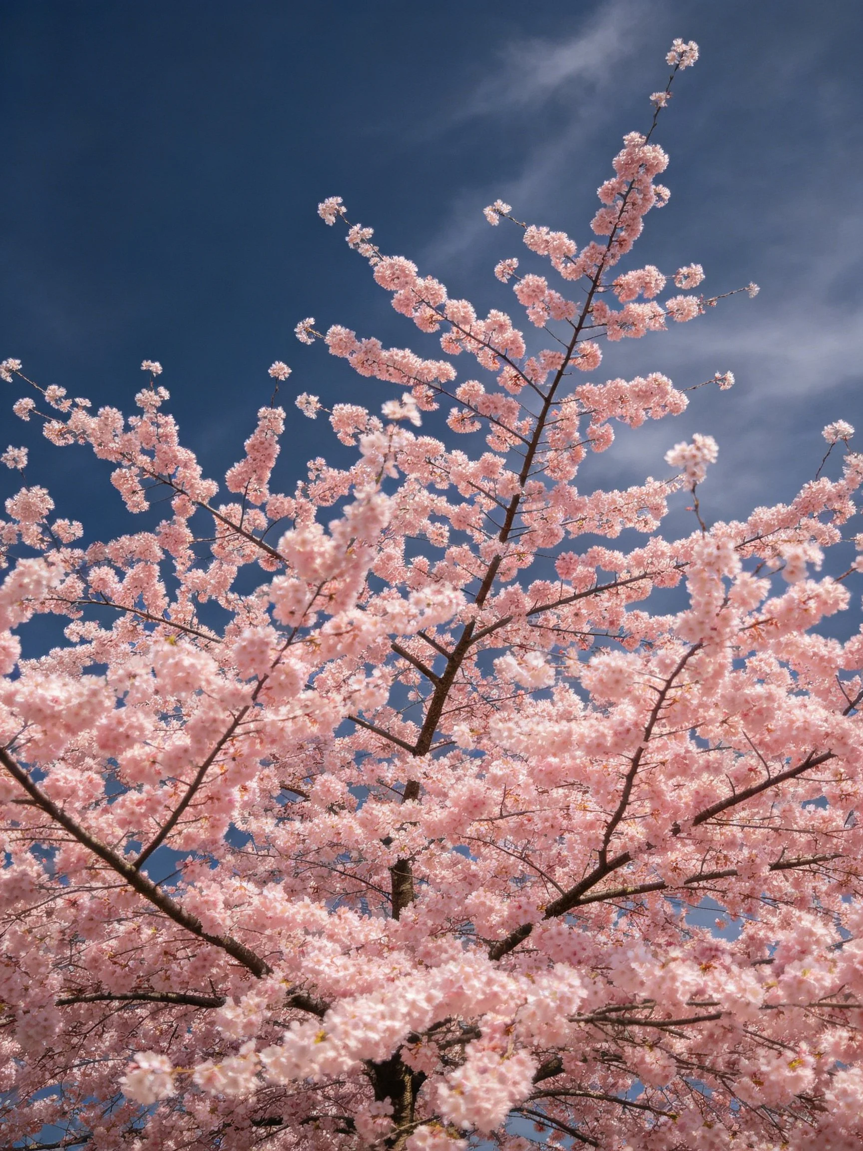 Pink Cherry Blossom Branches Against Deep Blue Sky