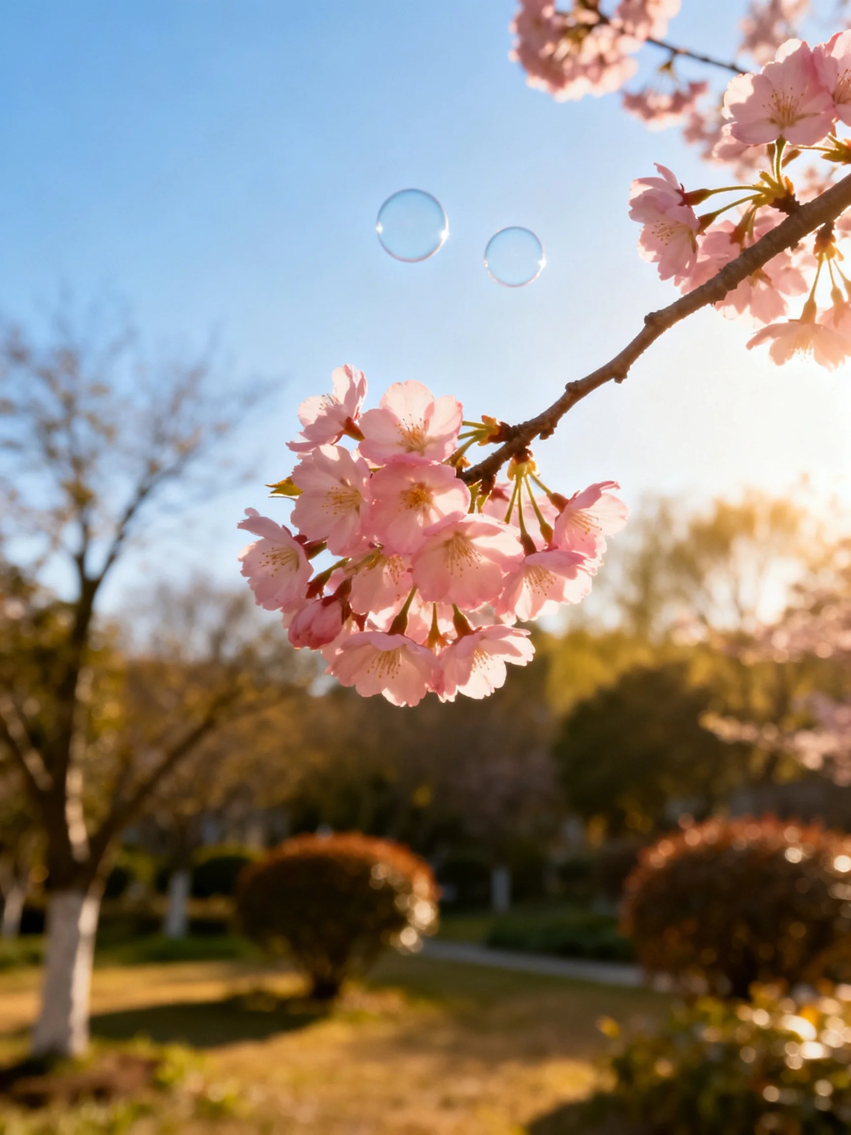 Pink Cherry Blossom Branches with Floating Bubbles in Sunny Park