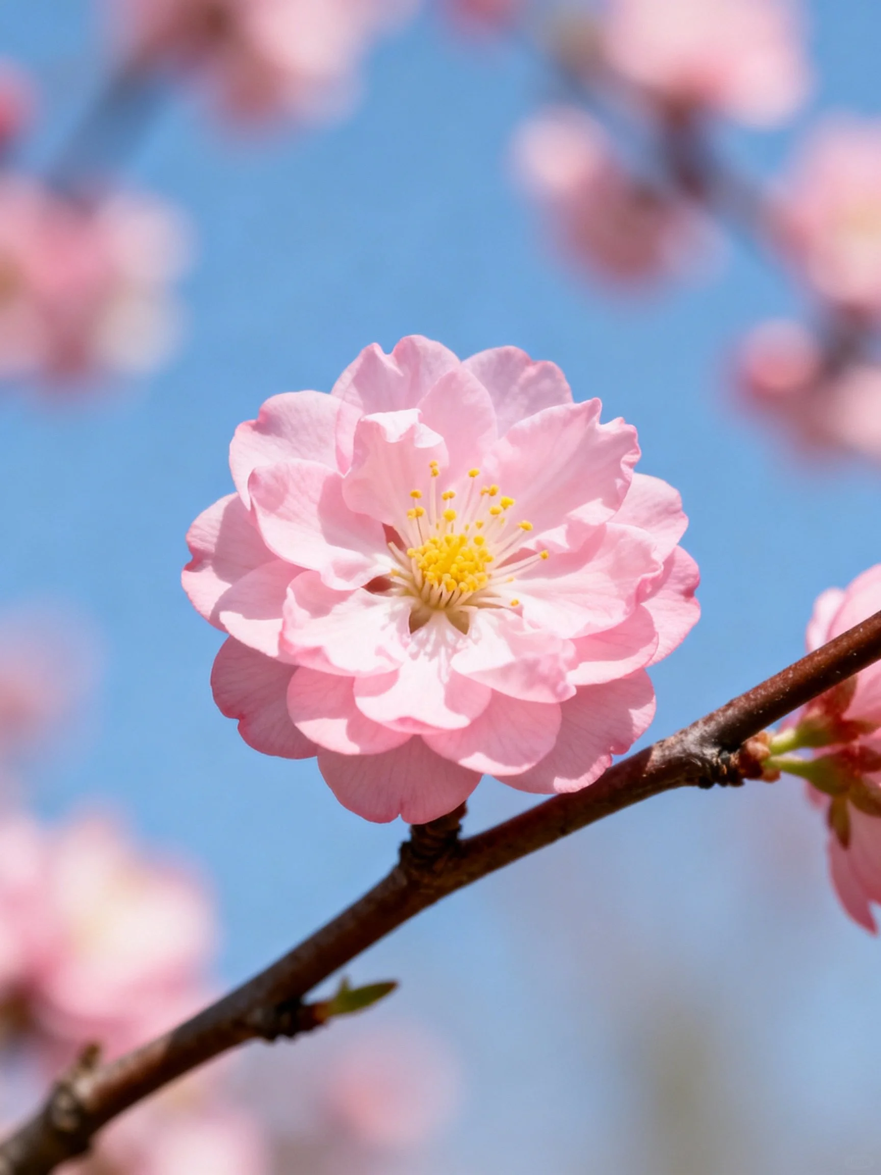 Pink Cherry Blossom Centered on a Brown Branch Under Clear Blue Sky