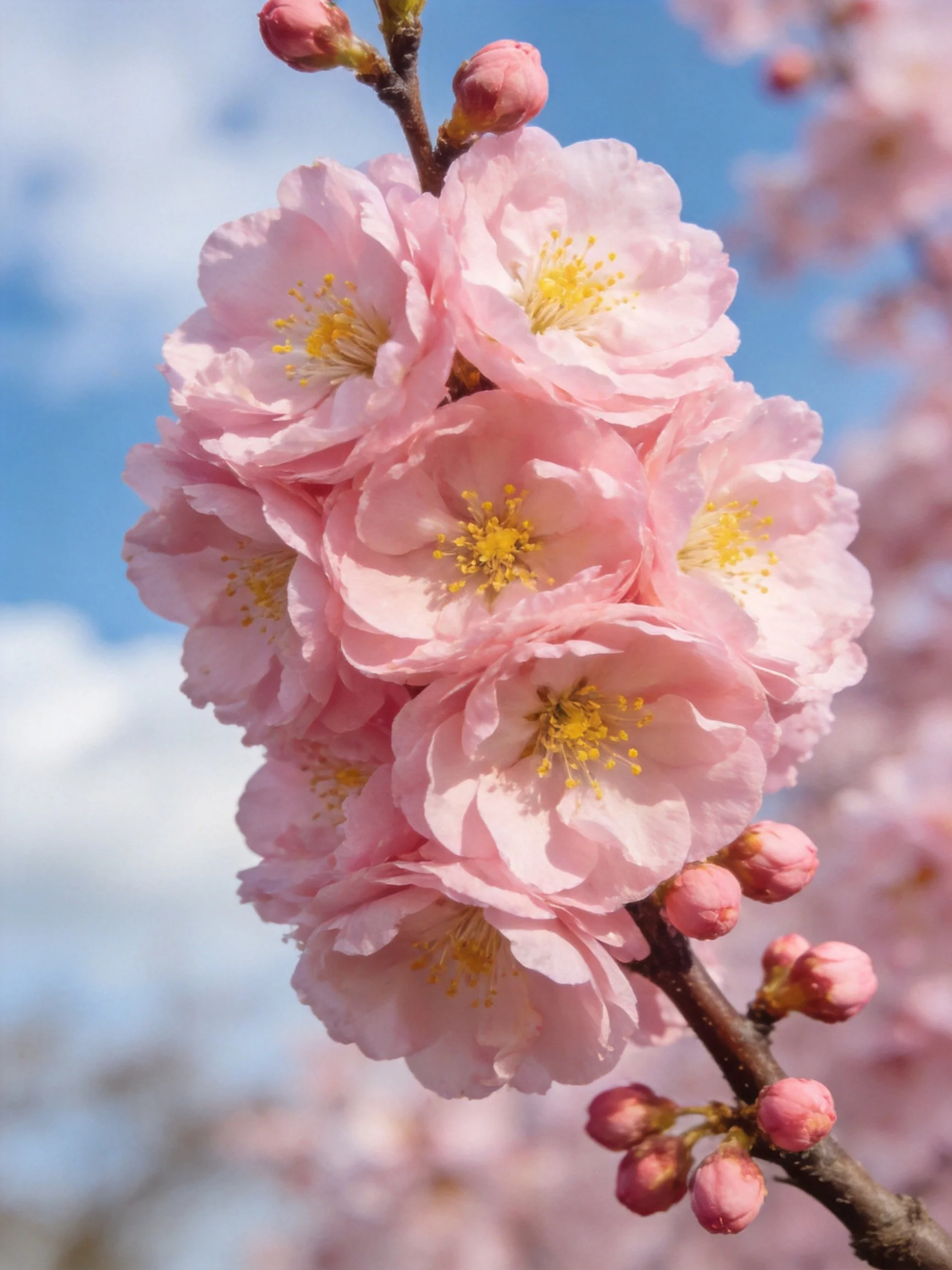 Pink Cherry Blossom Cluster with Bud-Laden Branches