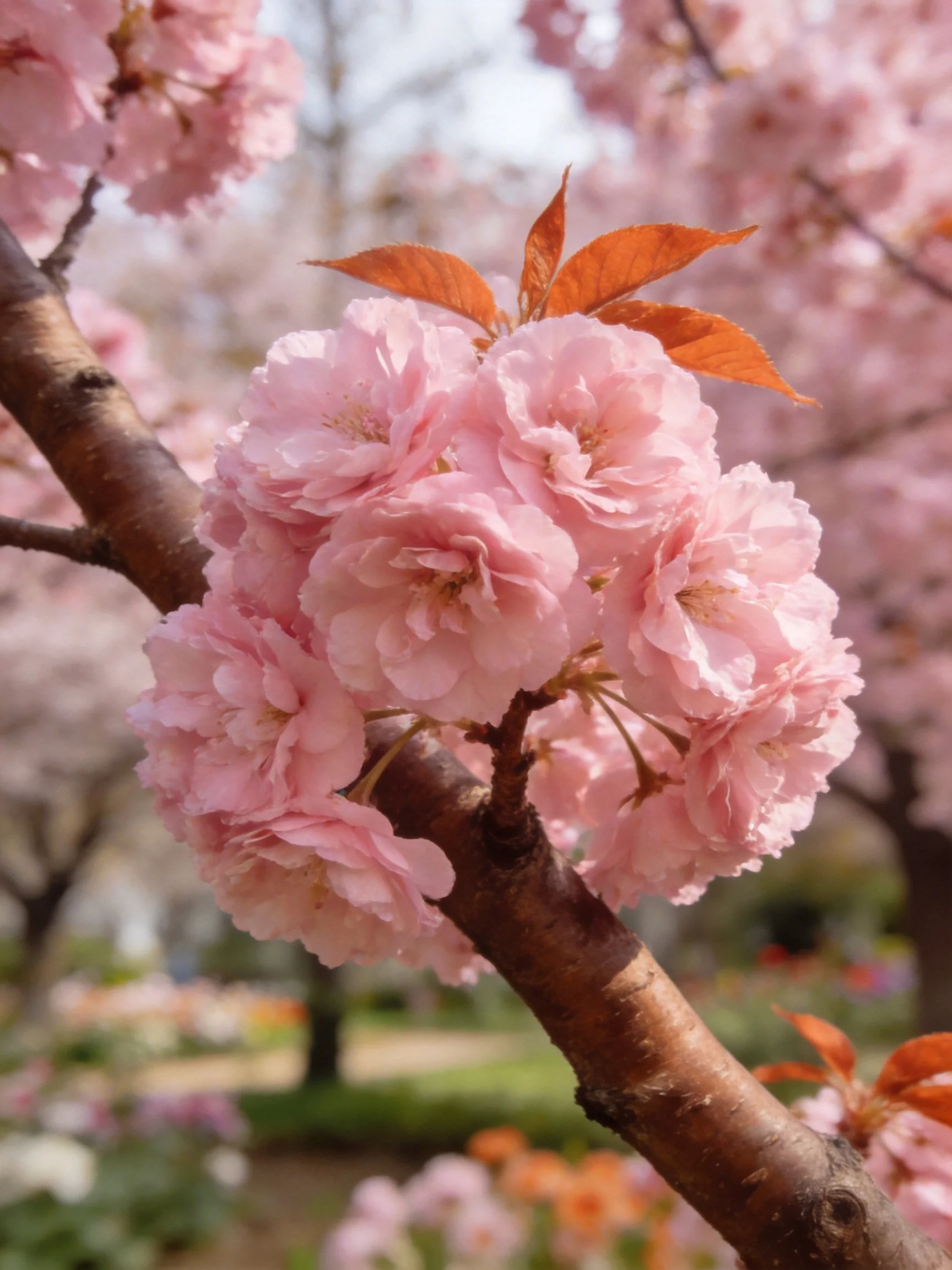 Pink Cherry Blossom Clusters on Brown Tree Branches