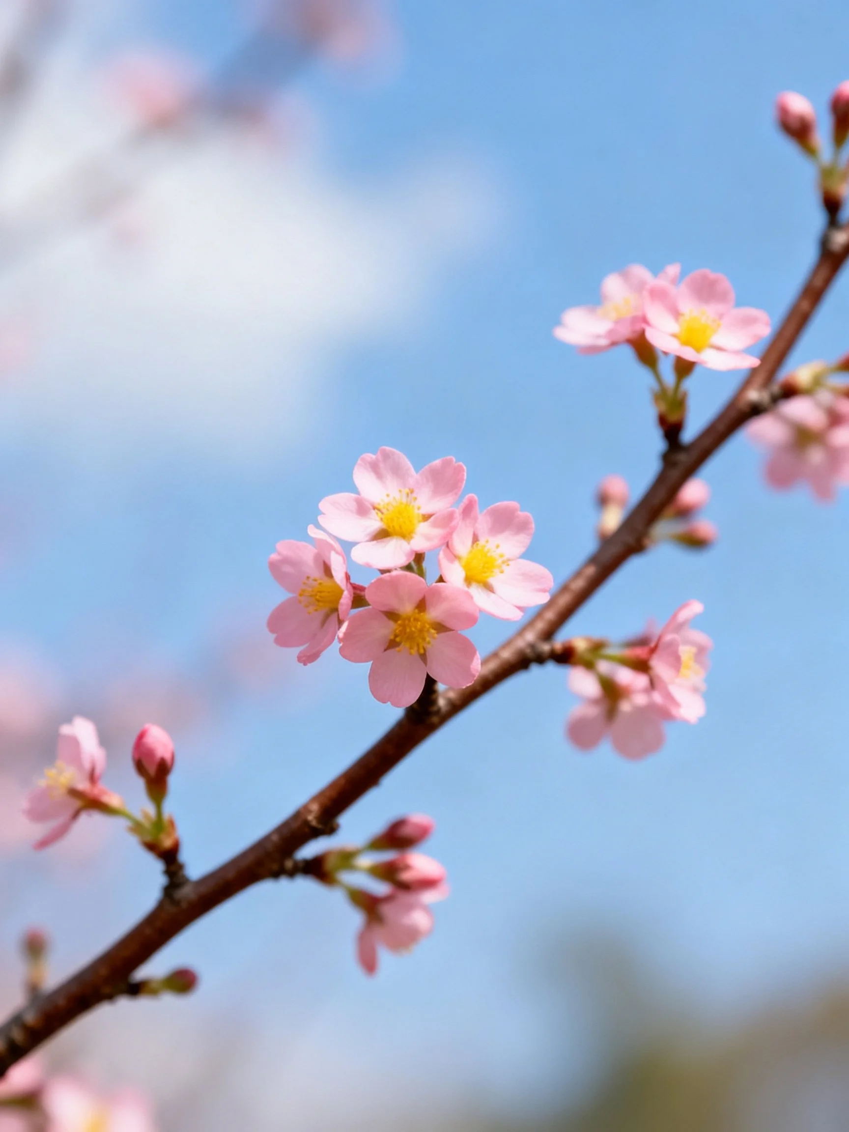 Pink Cherry Blossom Clusters on Dark Branch Under Clear Blue Sky