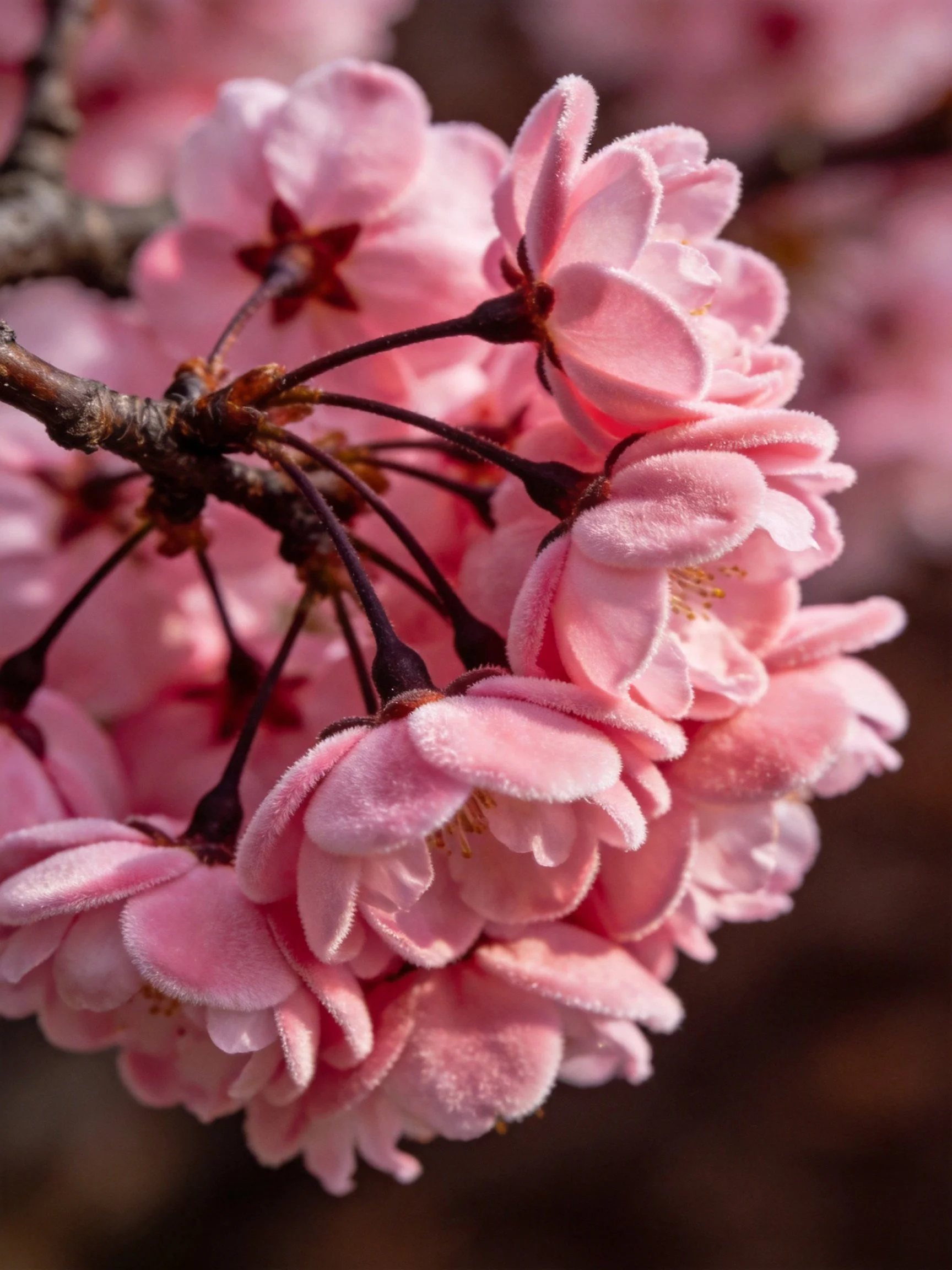 Pink Cherry Blossom Clusters on Dark Branches