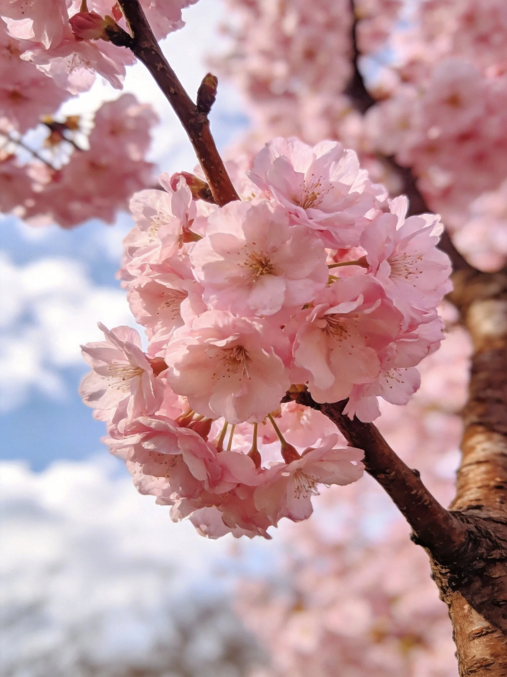 Pink Cherry Blossom Clusters on Dark Brown Branches Against Blue Sky