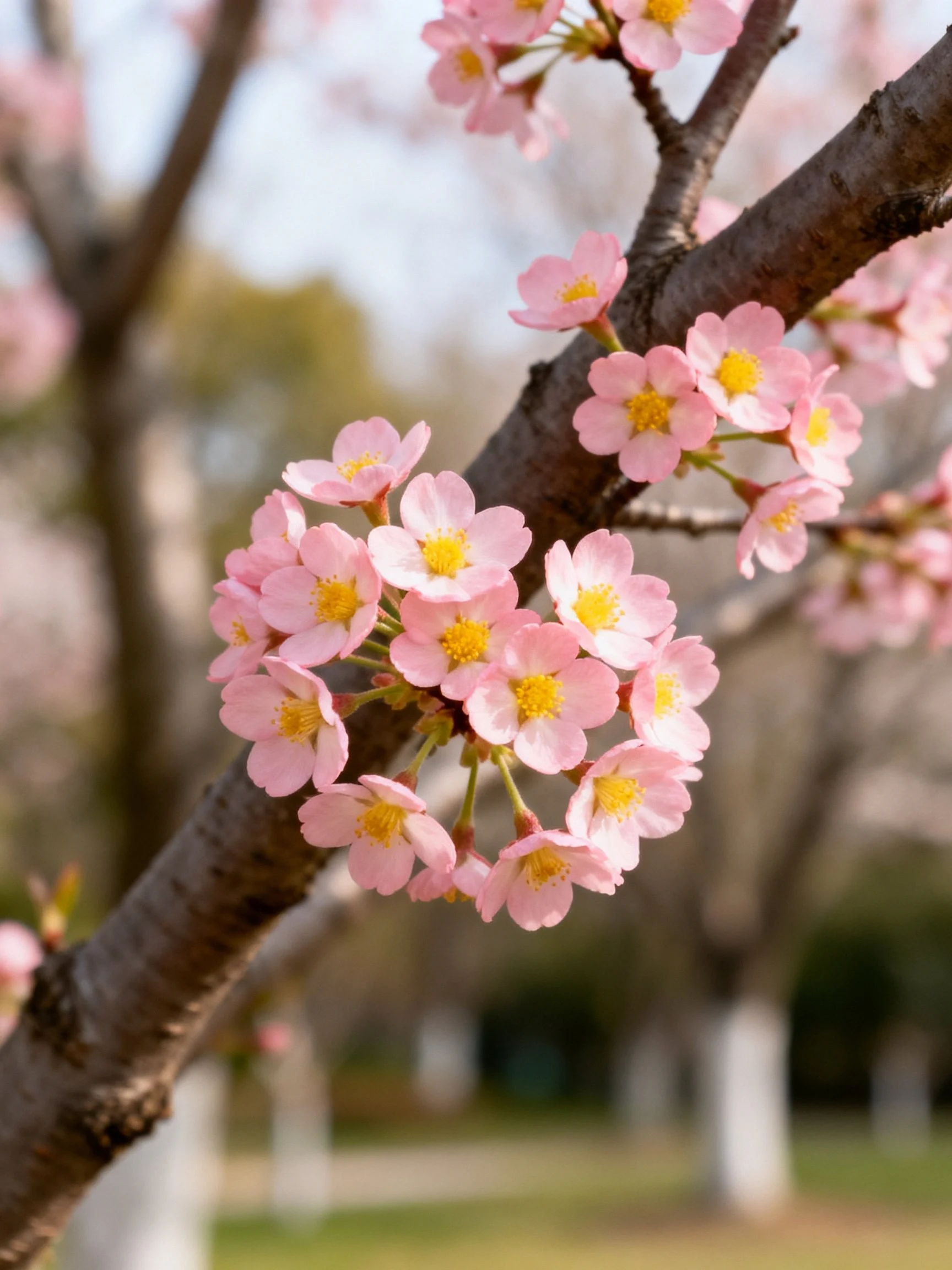 Pink Cherry Blossom Clusters on Dark Brown Tree Branches