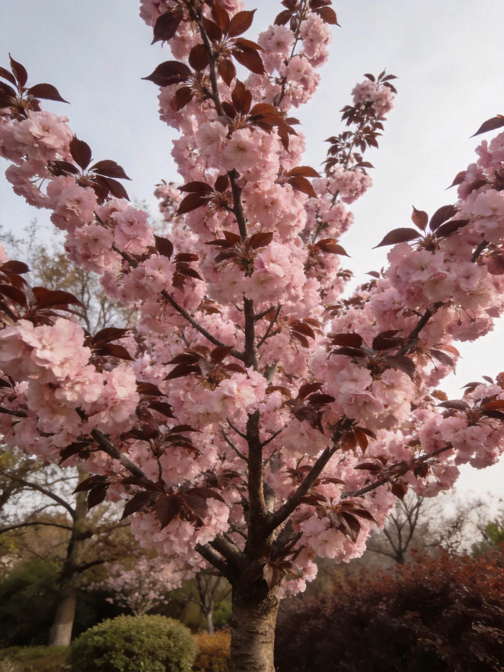 Pink Cherry Blossom Tree with Dark Red Foliage Against a Clear Sky
