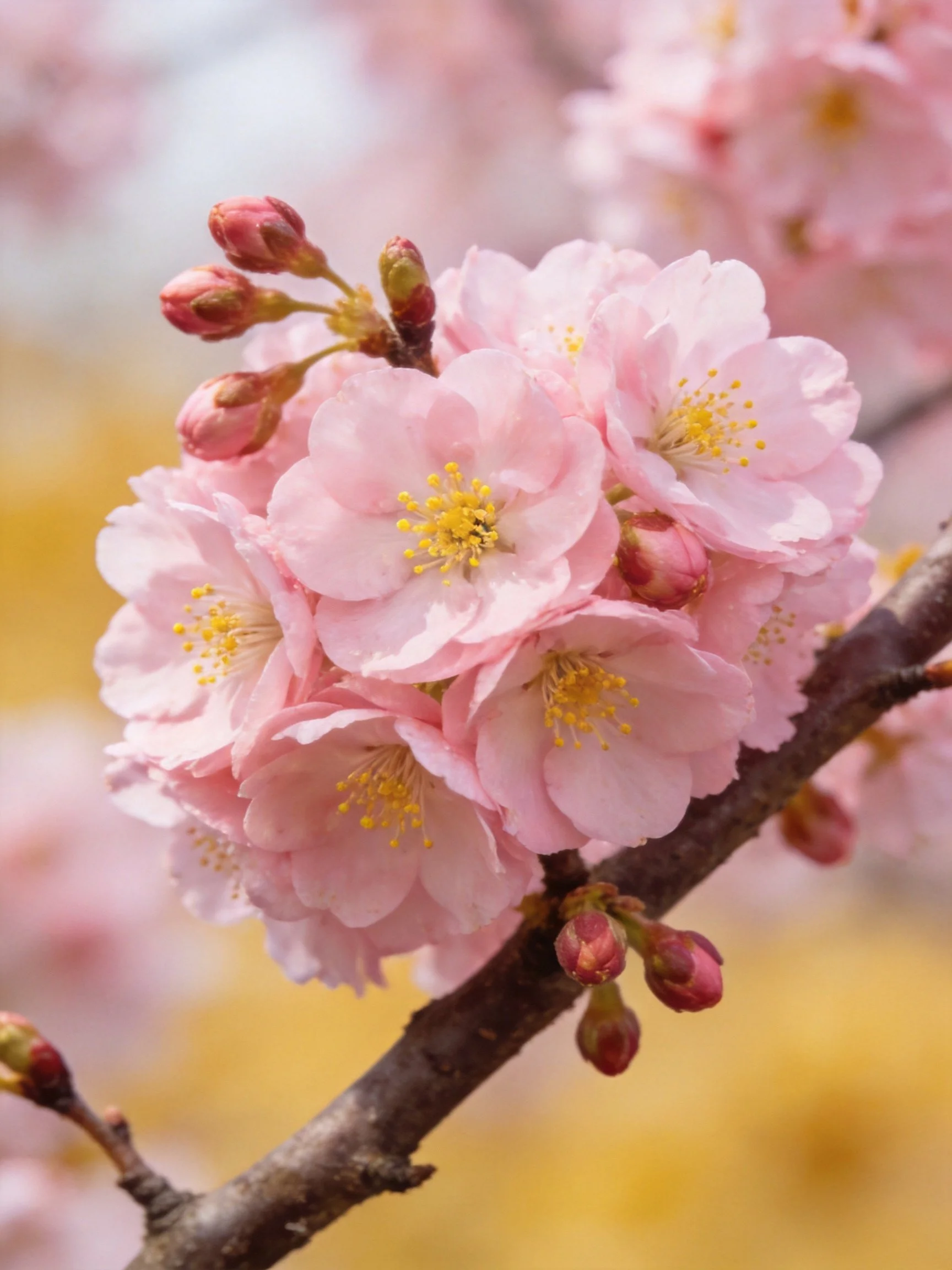 Pink Cherry Blossoms Clustered on a Dark Branch