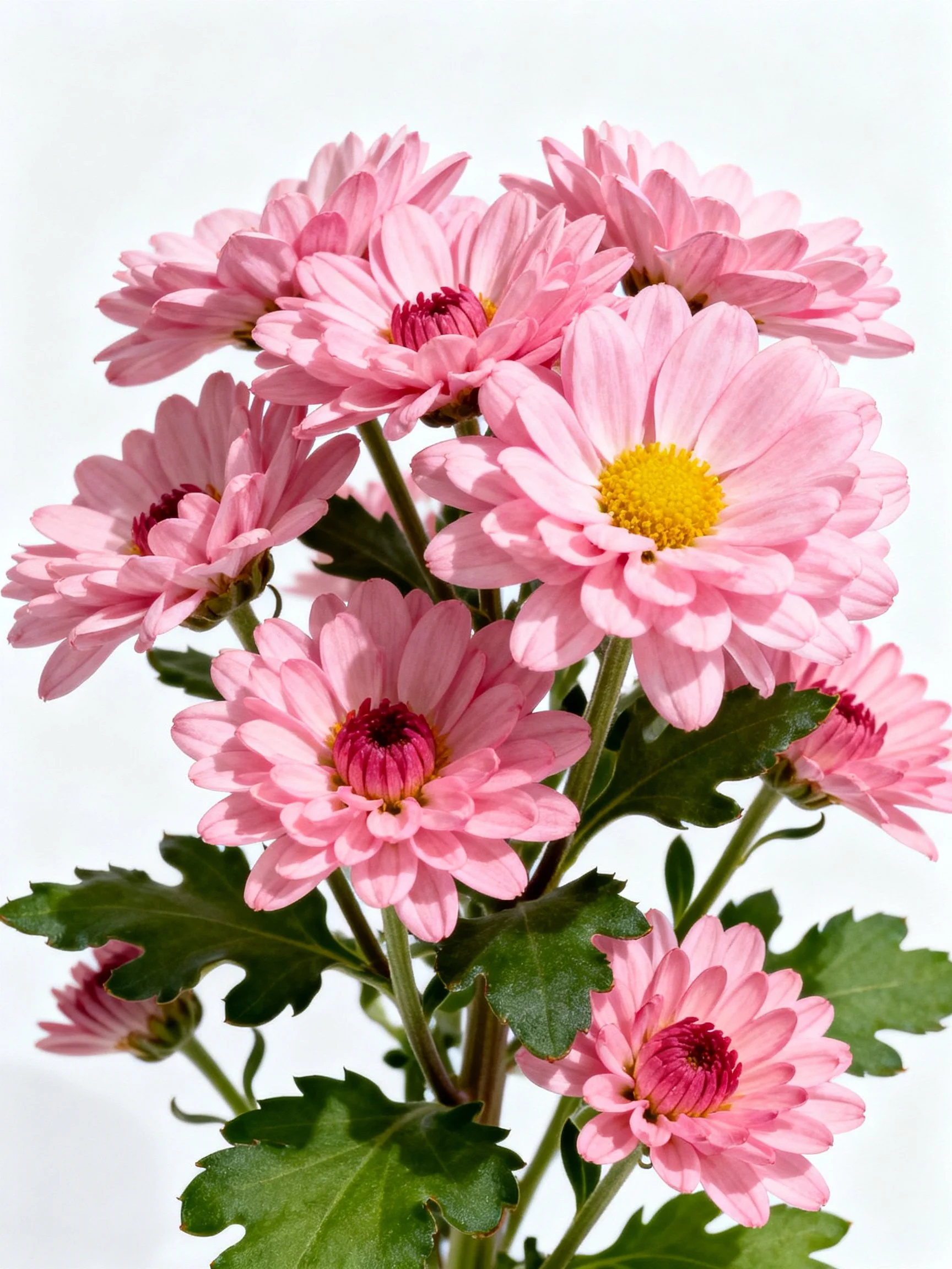 Pink Chrysanthemums Clustered with Green Foliage on White Background