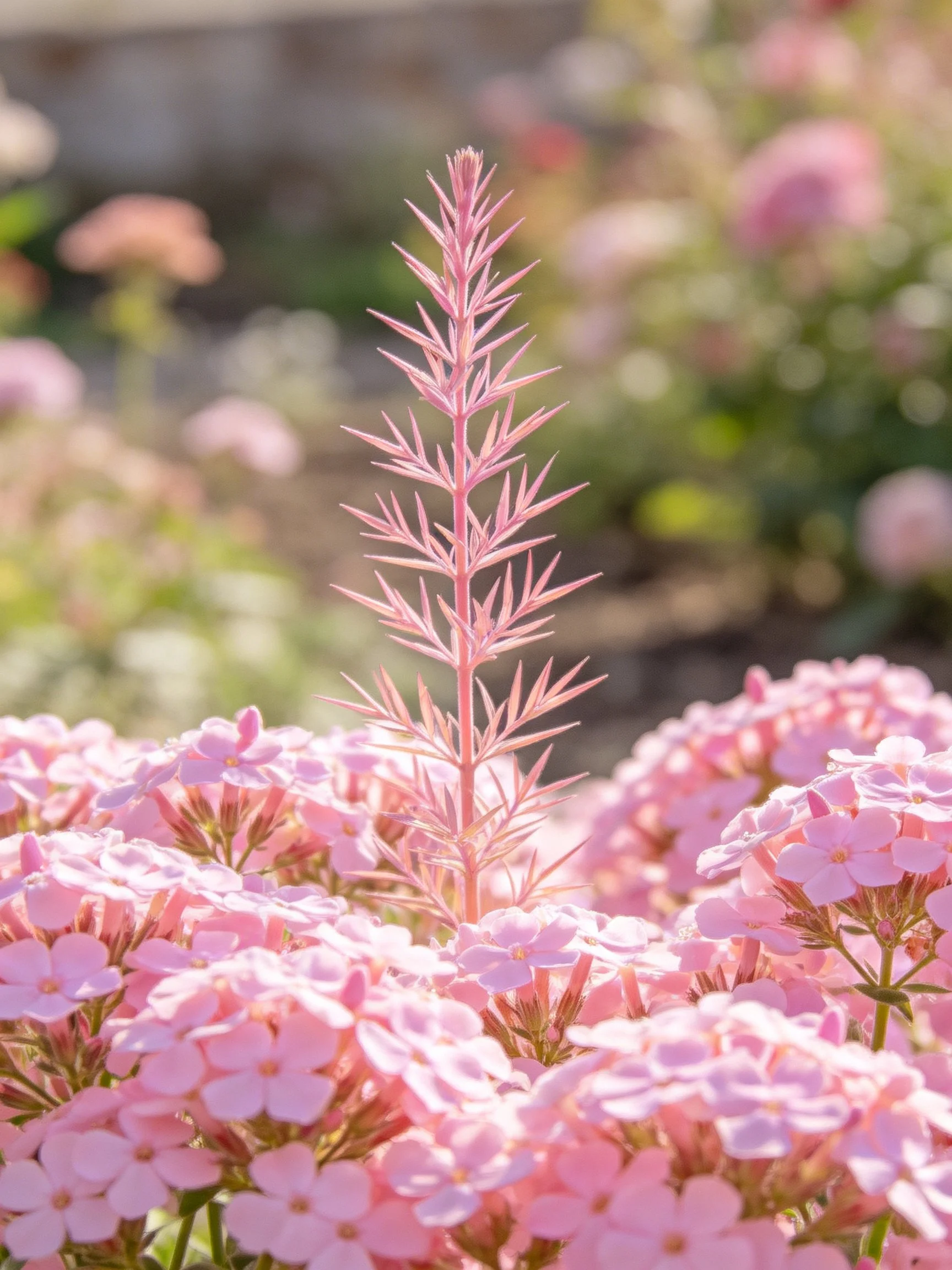 Pink Clustered Flowers and a Tall Spiked Plant in a Sunlit Garden