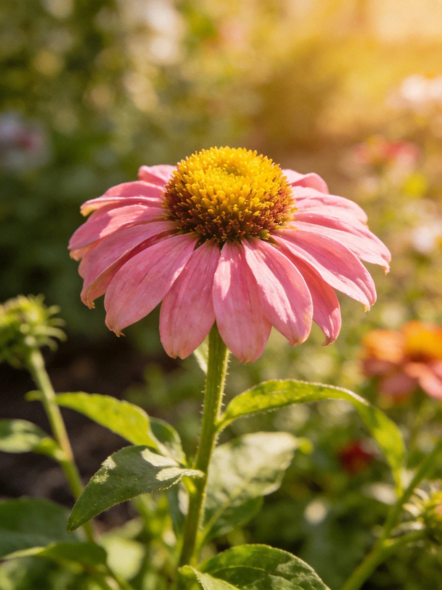Pink Coneflower with Golden Center in Sunlit Garden