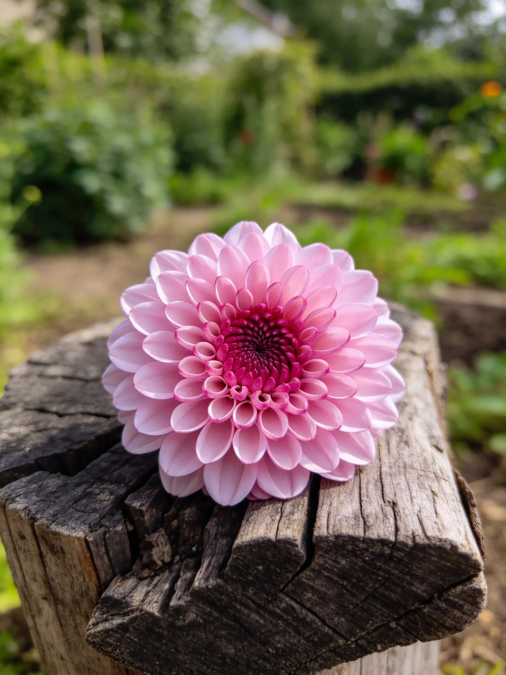 Pink Dahlia on Weathered Wooden Stump in Garden