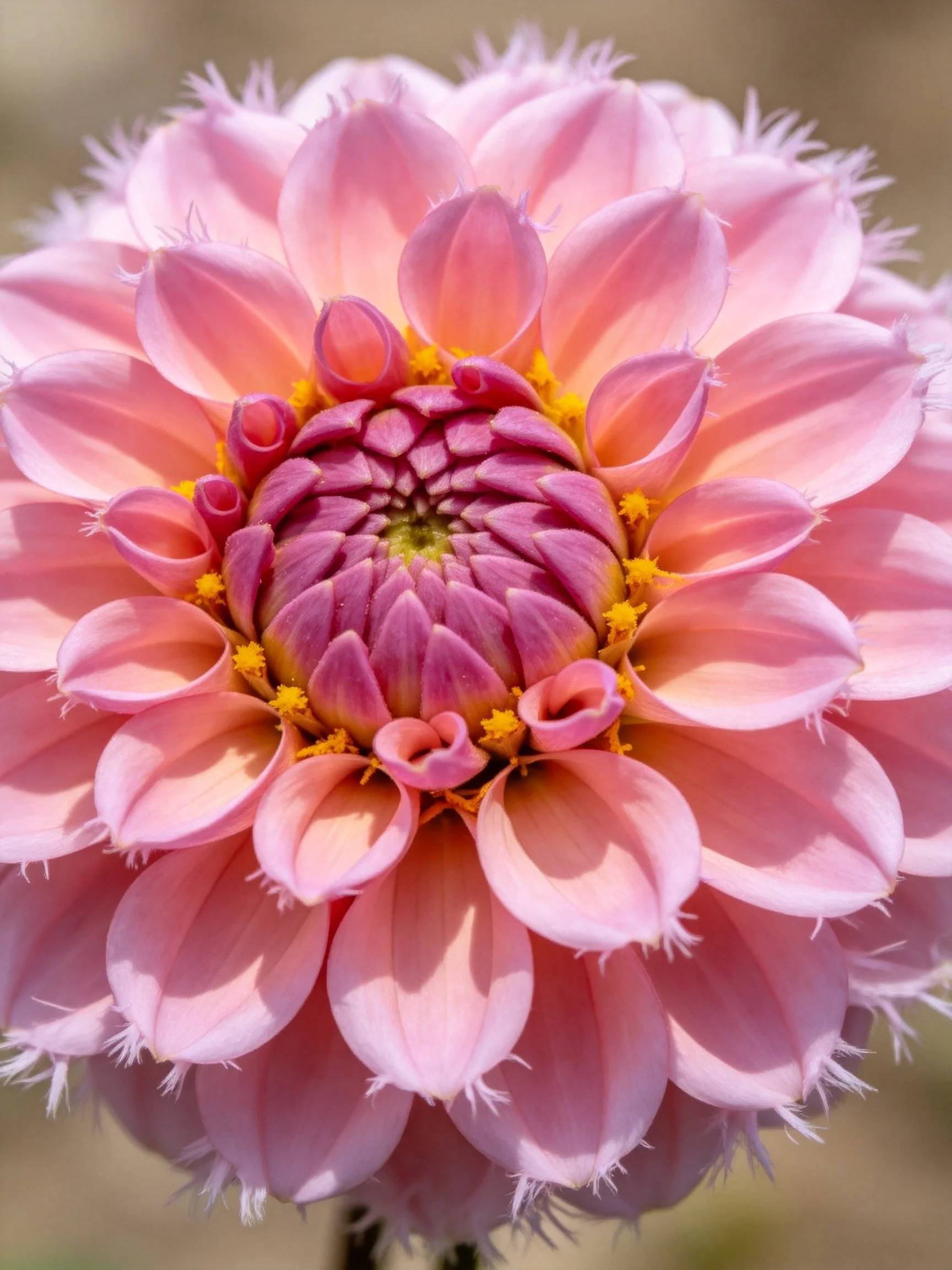 Close - up of a pink dahlia with layered petals and vibrant center.